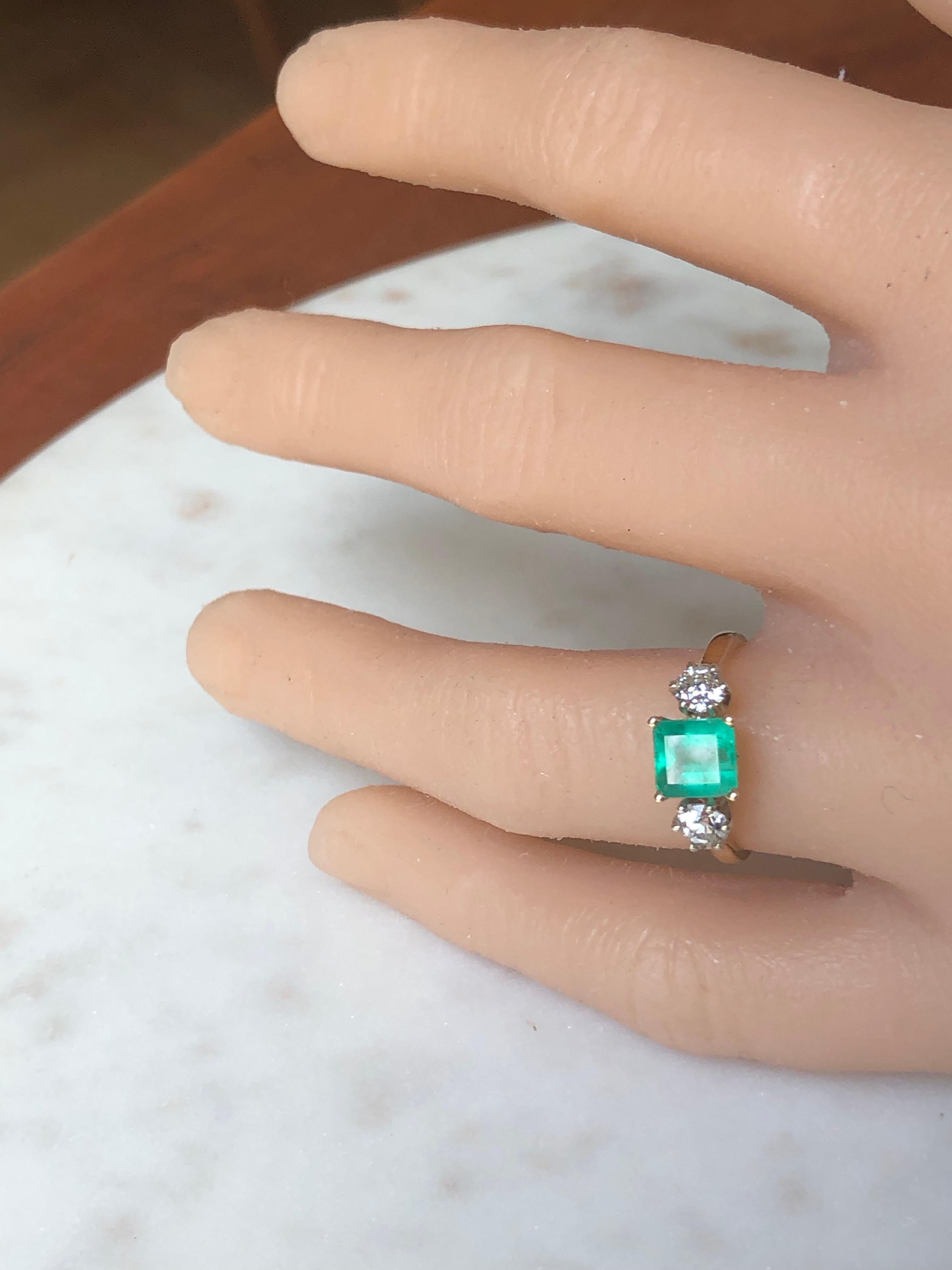 2.33 Carat Natural Colombian Emerald Old European Diamond Engagement Ring Gold For Sale 8