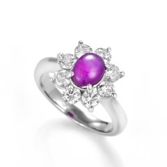 2.33 Carat Natural Purple Star Sapphire and Diamond Halo Ring Made in Platinum