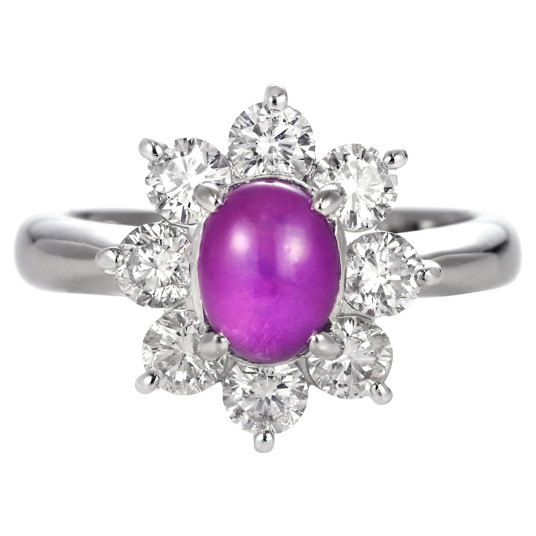 2.33 Carat Natural Purple Star Sapphire and Diamond Halo Ring Made in Platinum