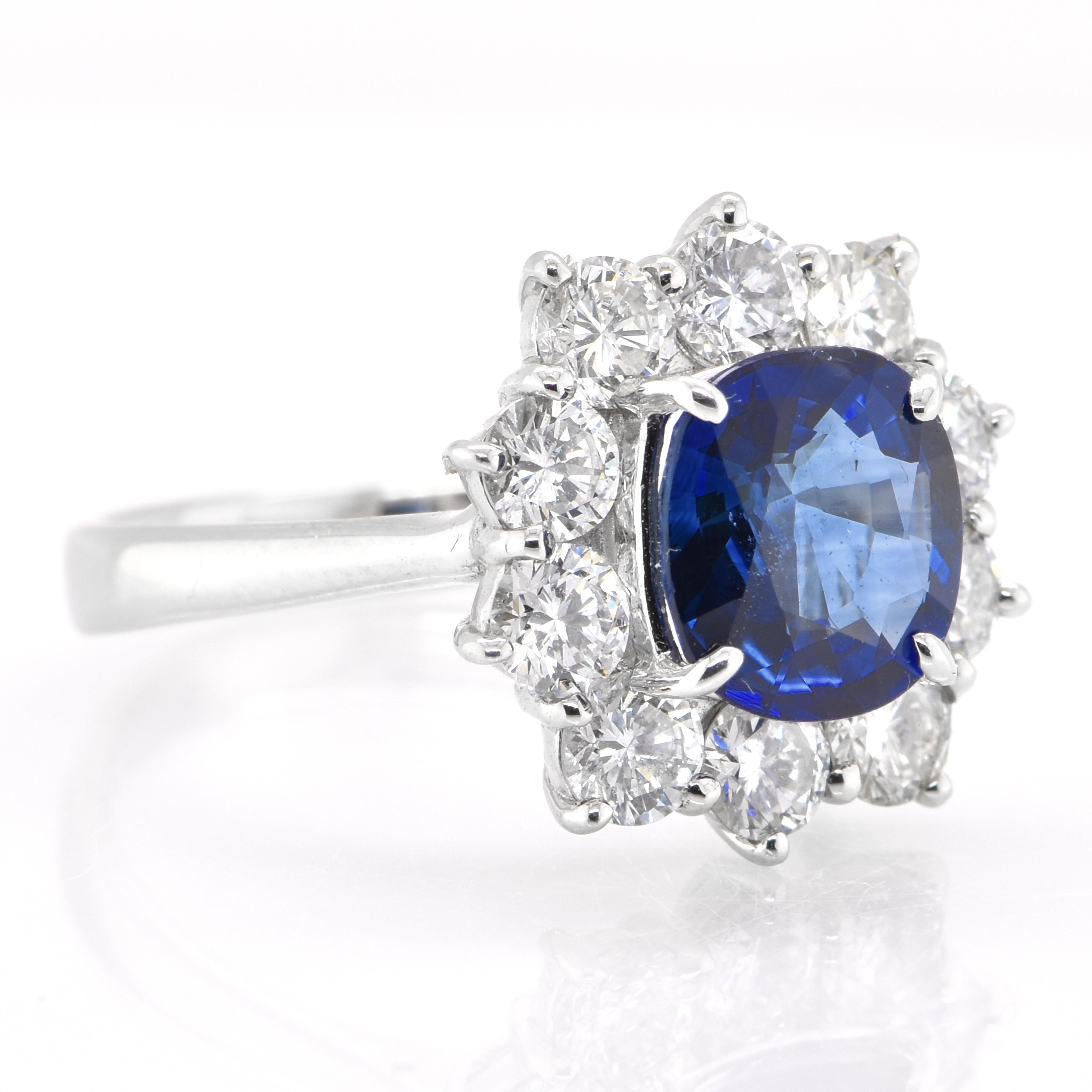 A beautiful ring featuring a 2.33 Carat Natural Sapphire and 1.43 Carats Diamond Accents set in Platinum. Sapphires have extraordinary durability - they excel in hardness as well as toughness and durability making them very popular in jewelry.