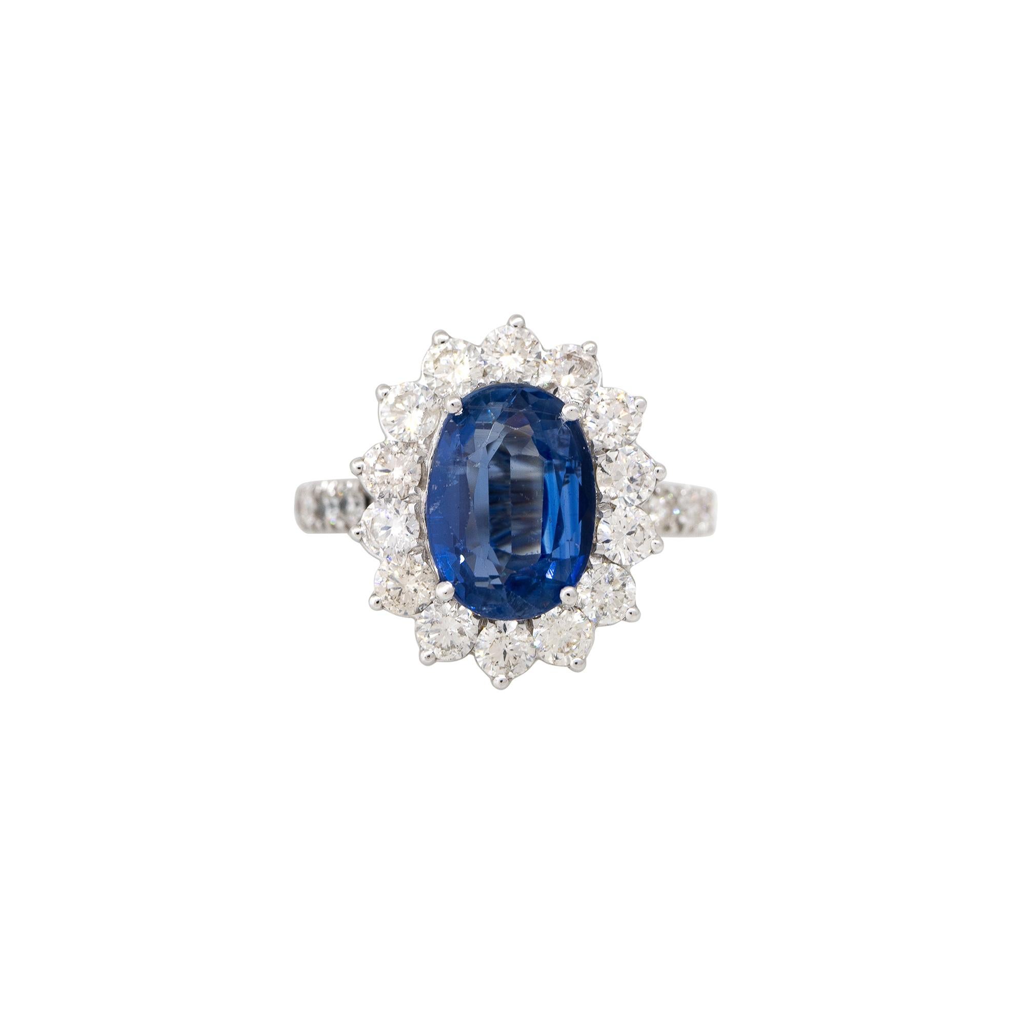 18k White Gold 2.33ct Oval Cut Kyanite & 1.18ct Diamond Halo Ring

Product: Oval-Cut Kyanite Gemstone and Diamond Halo Ring
Material: 18k White Gold
Gemstone/Diamond Details: The main stone is an oval-cut Kyanite gemstone, weighing approximately