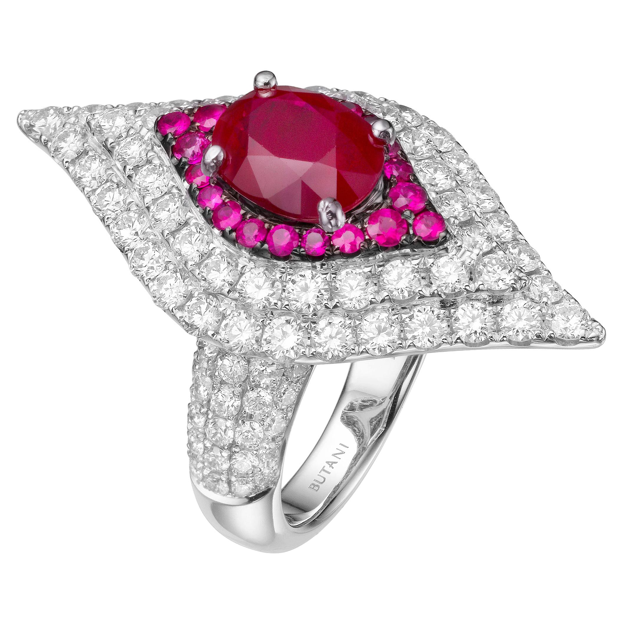 2.33 Carat Oval Ruby 18 Karat White Gold Diamond Cocktail Ring For Sale