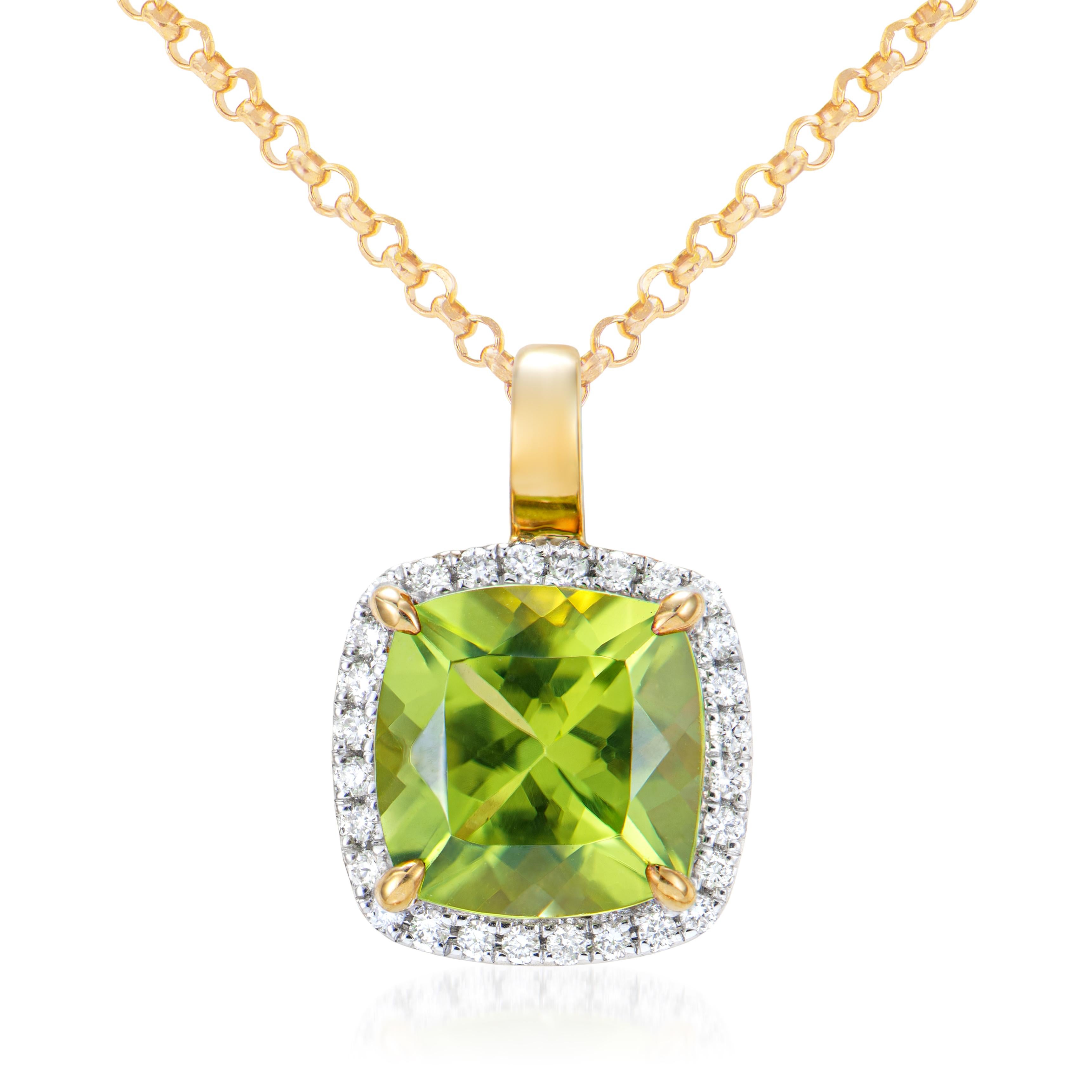 Contemporary 2.33 Carat Peridot Pendant in 18Karat Yellow Gold with White Diamond. For Sale