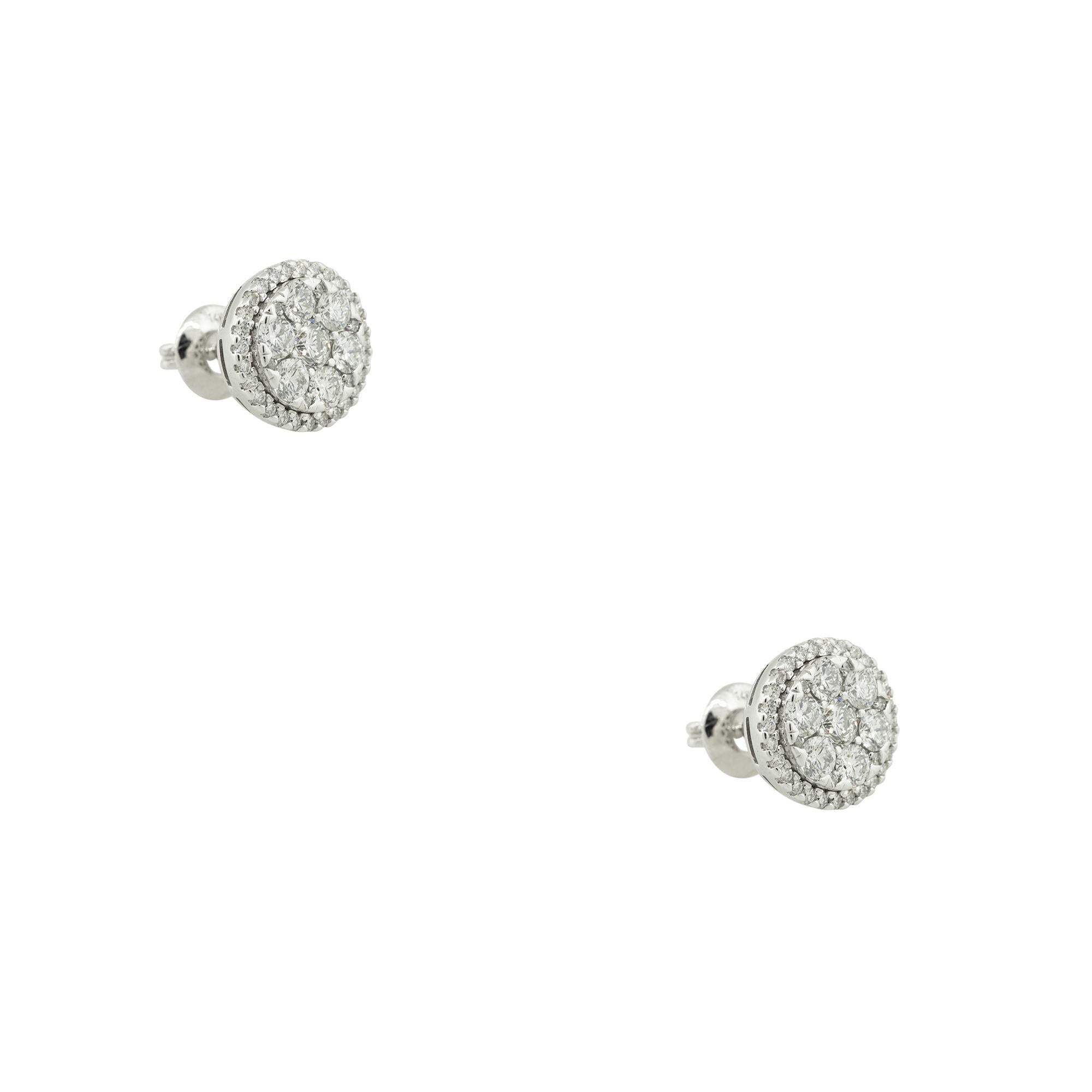 Women's 2.33 Carat Round Brilliant Diamond Cluster Stud Earrings 14 Karat in Stock For Sale
