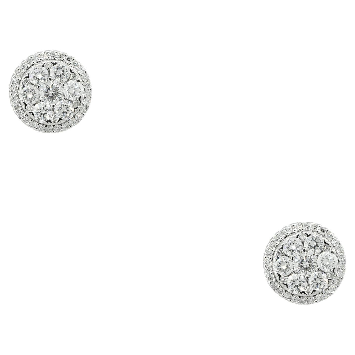 2.33 Carat Round Brilliant Diamond Cluster Stud Earrings 14 Karat in Stock For Sale