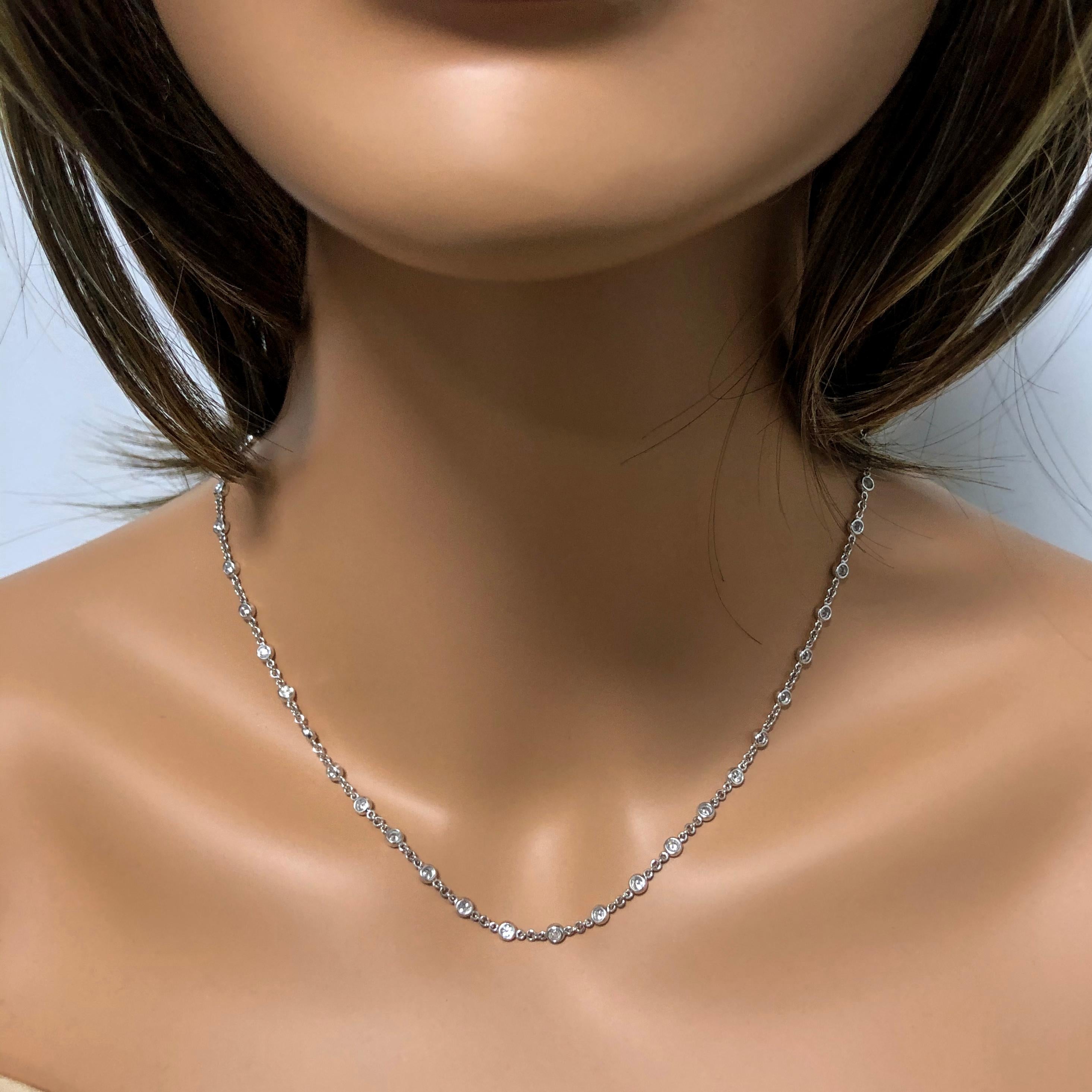 Simple in aesthetics and marvelously designed, this diamonds by the yard necklace will surely elevate any style. Showcases 47 sparkling round diamonds bezel set and evenly spaced in a 14k white gold chain. A versatile piece perfect for