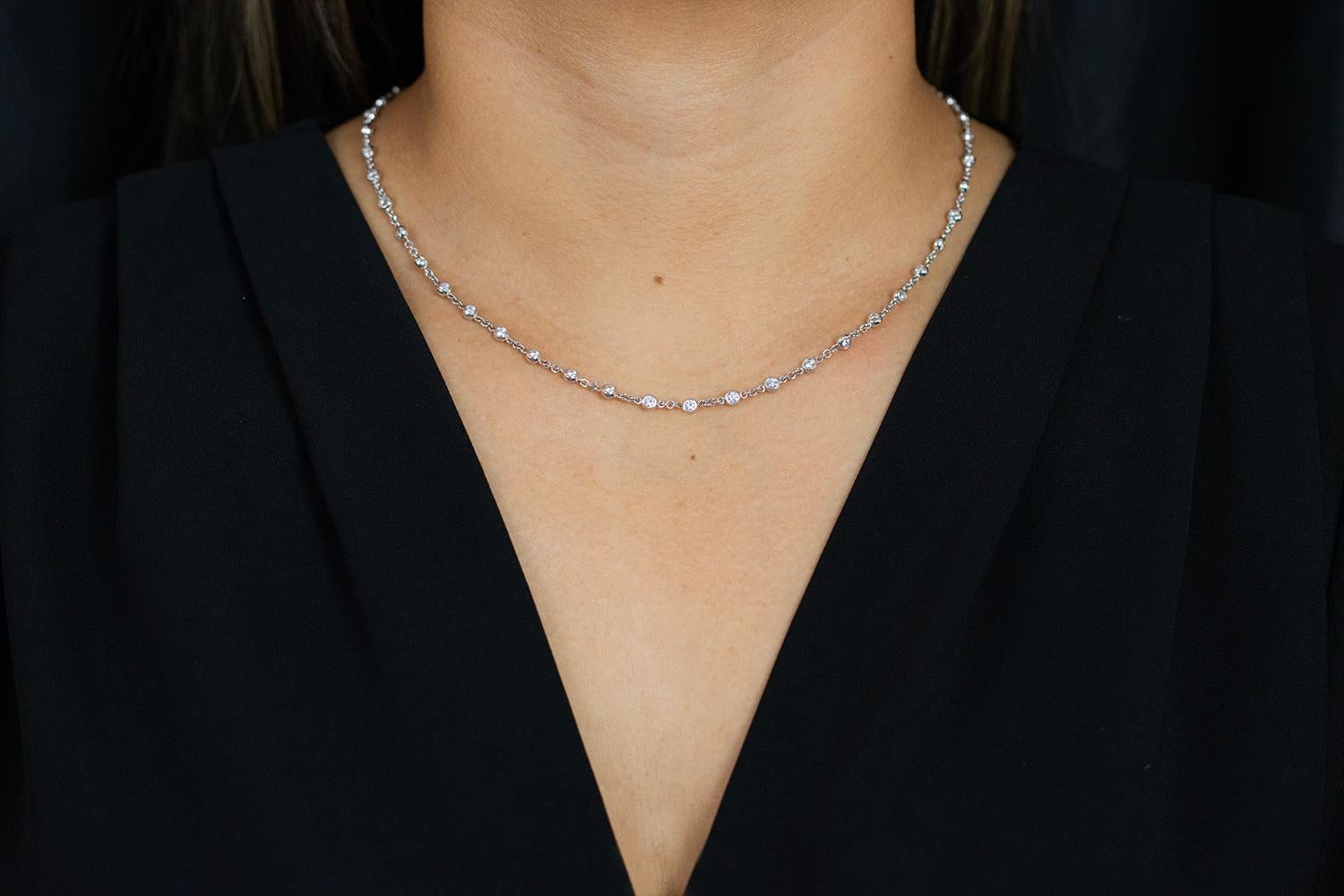 Simple in aesthetics and marvelously designed, this diamonds by the yard necklace will surely elevate any style. Showcases 47 sparkling round diamonds bezel set and evenly spaced in a 14k white gold chain. A versatile piece perfect for
