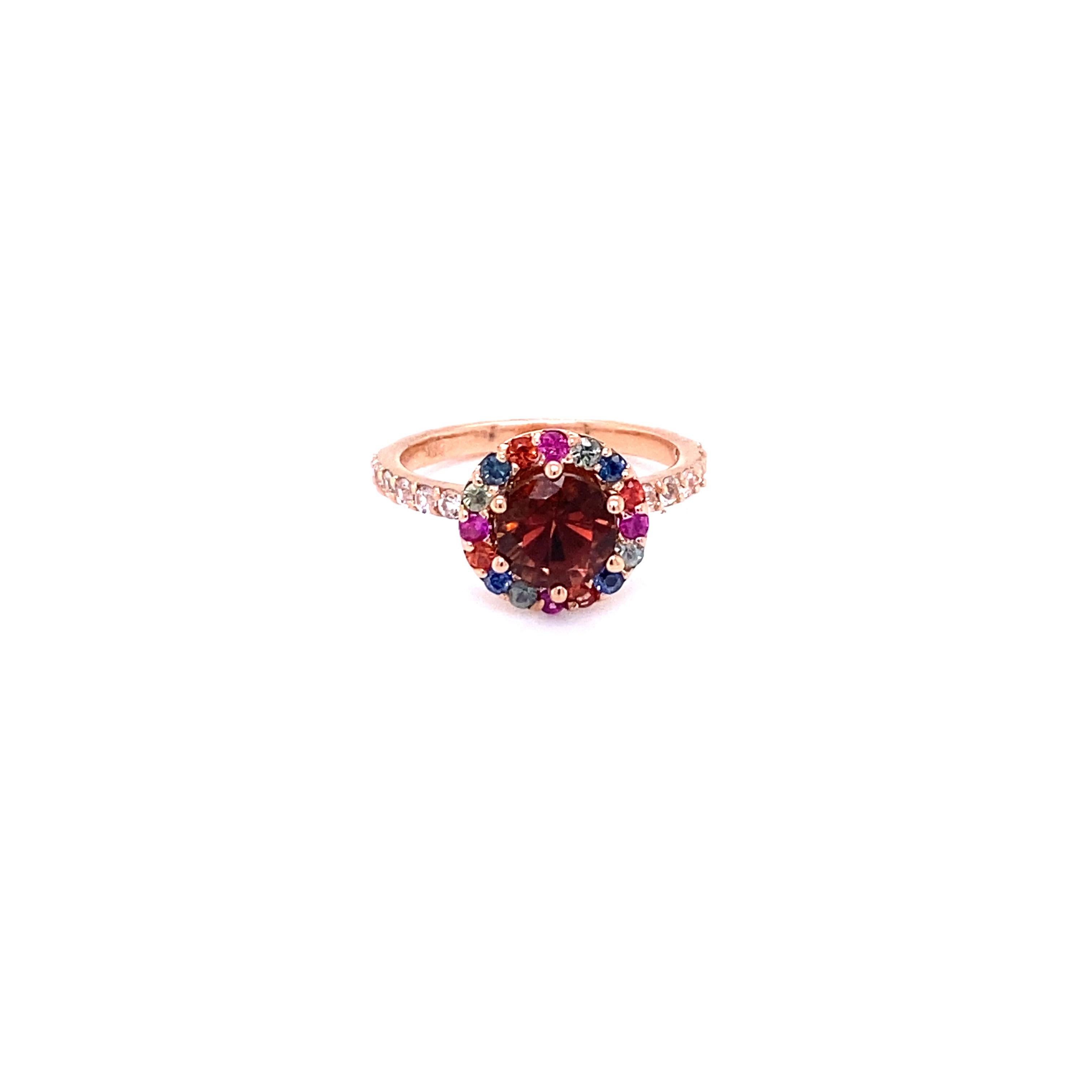 Round Cut 2.33 Carat Tourmaline Sapphire Rose Gold Cocktail Ring For Sale