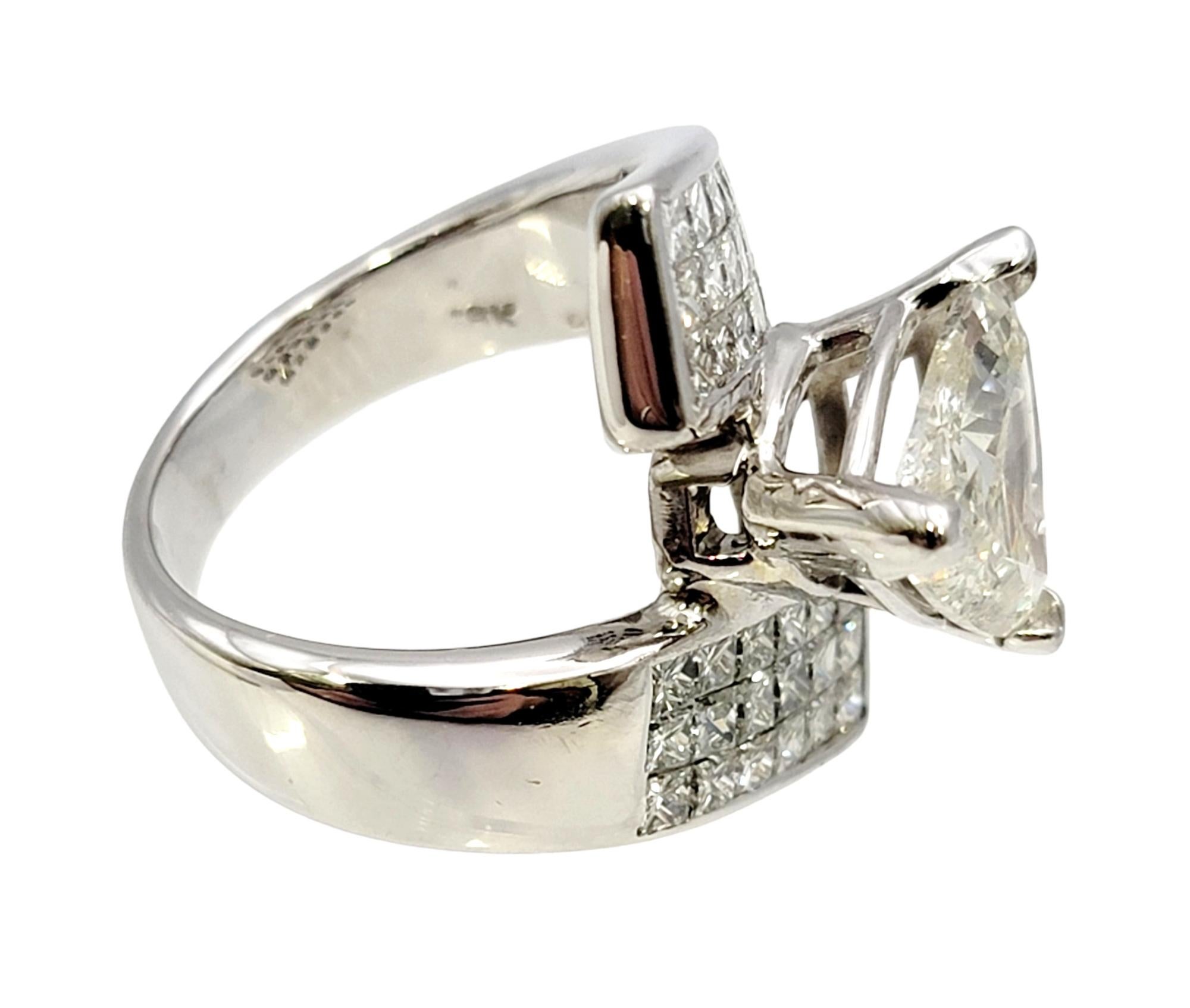 Contemporary Trillion Cut Diamond Ring with Princess Cut Diamond Bypass White Gold Band For Sale