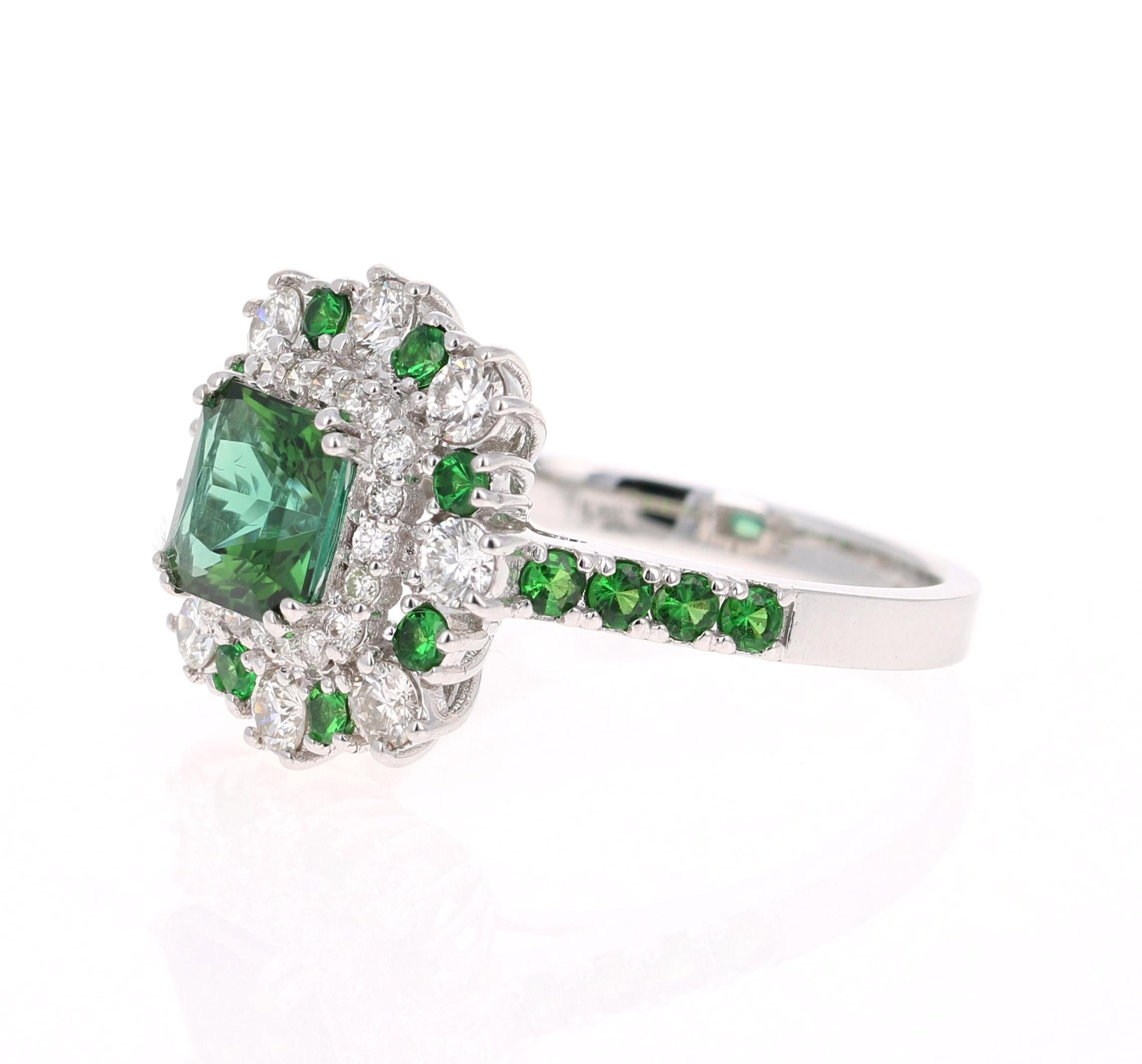 Modern 2.33 Carat Tsavorite and Diamond 18 Karat White Gold Engagement Ring