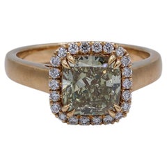 2.33 Carat TW GIA Fancy Deep Brownish Greenish Yellow Cushion Diamond Halo Ring