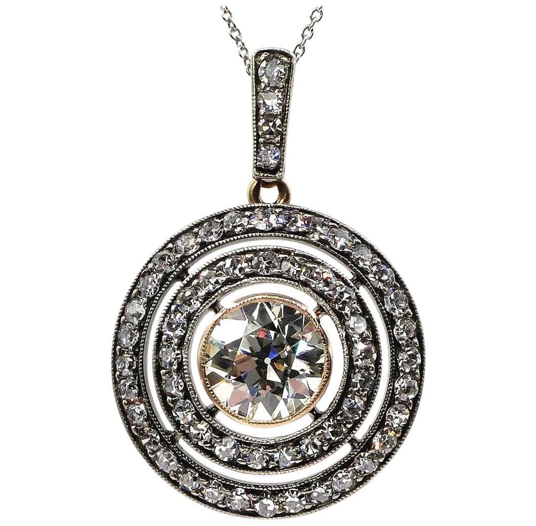 2.33 Carat Vintage Victorian Diamond Pendant Necklace Drop Silver and Gold