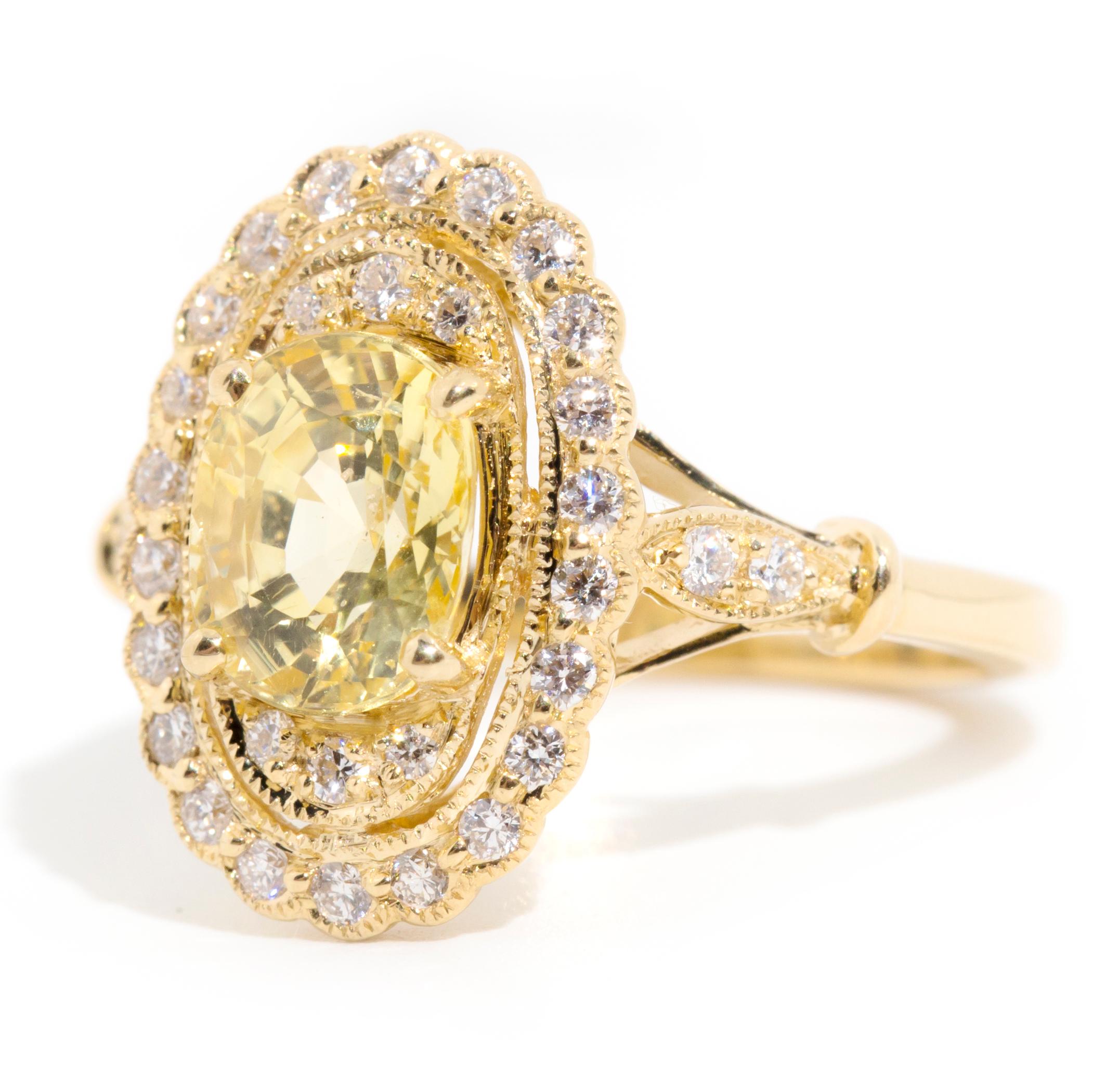 Women's 2.33 Carat Yellow Ceylon Sapphire and Diamond Halo Ring in 18 Carat Yellow Gold  For Sale