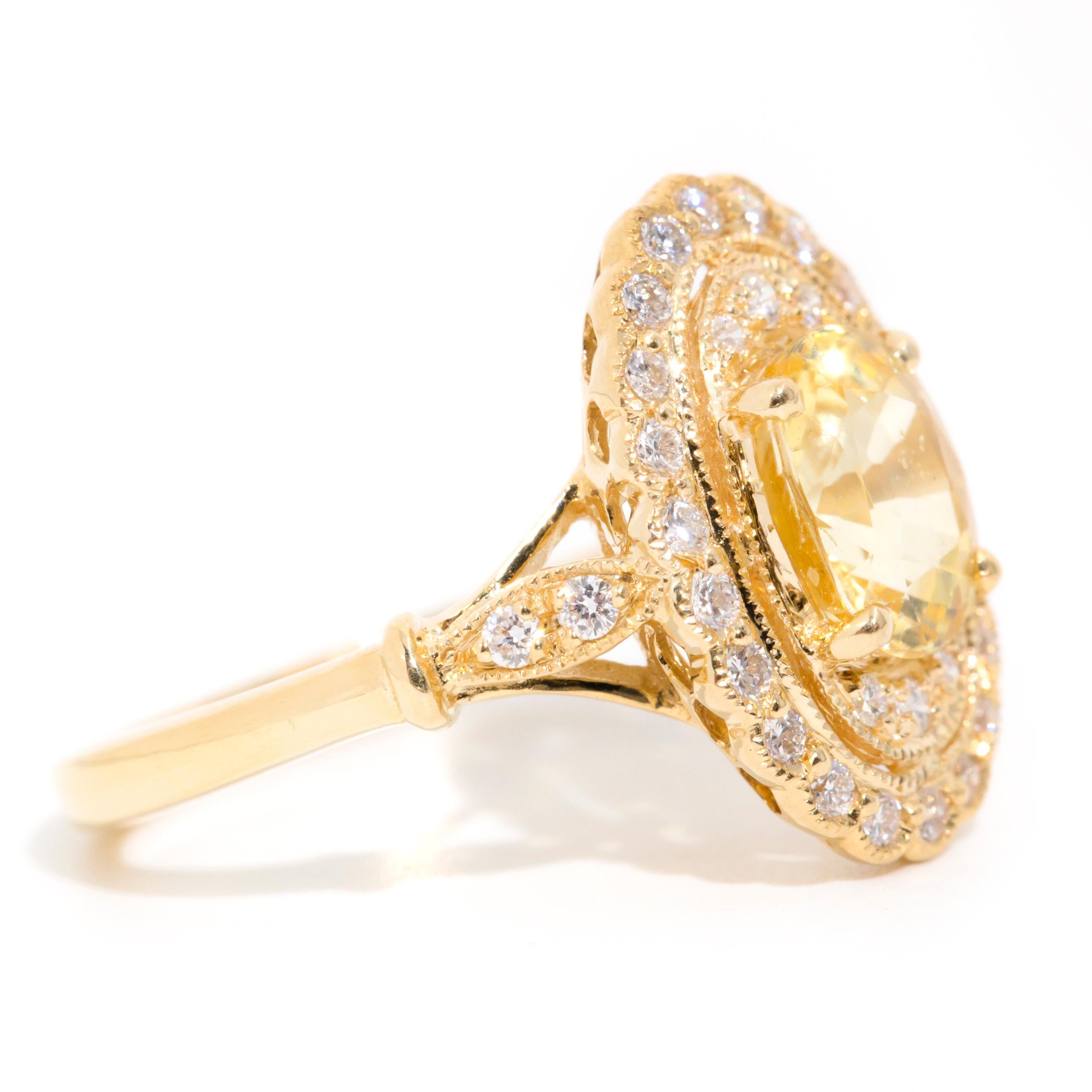 2.33 Carat Yellow Ceylon Sapphire and Diamond Halo Ring in 18 Carat Yellow Gold  For Sale 2