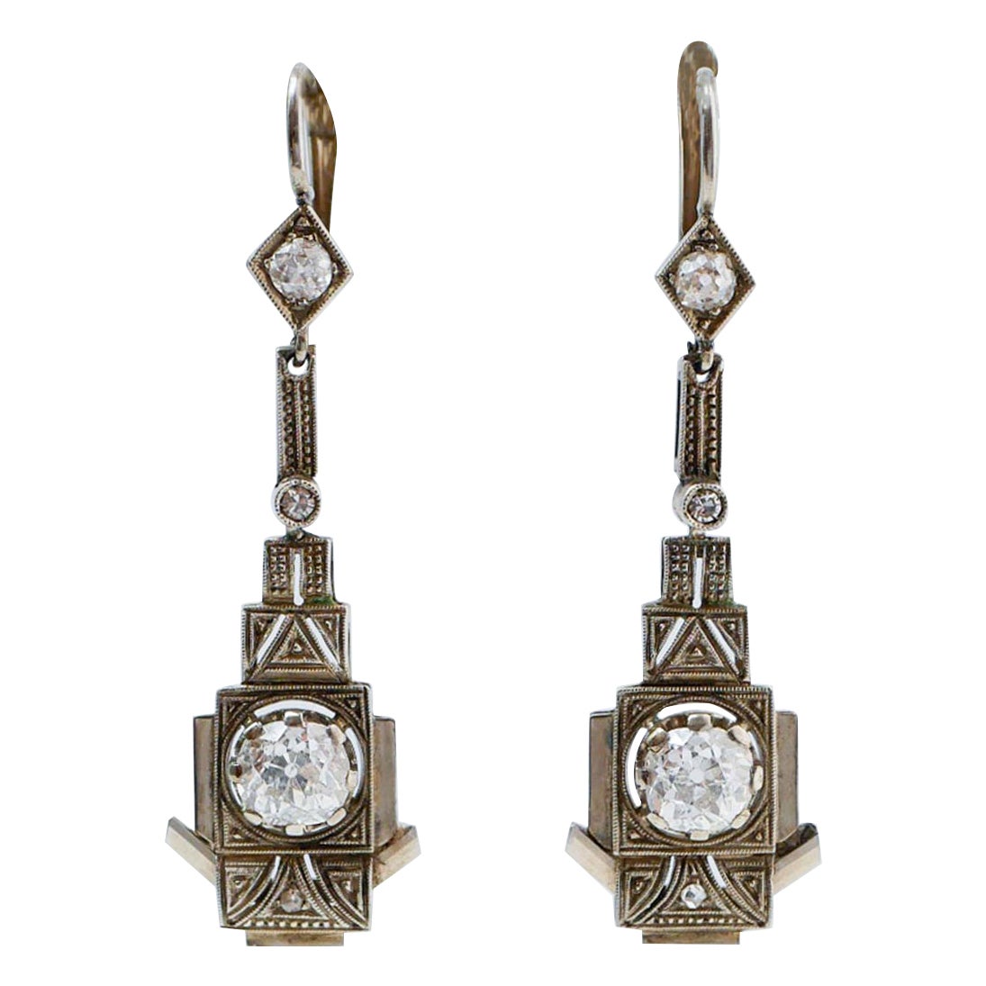 2.33 Carats Old-Cut Diamonds, 18 Karat White Gold Earrings. For Sale