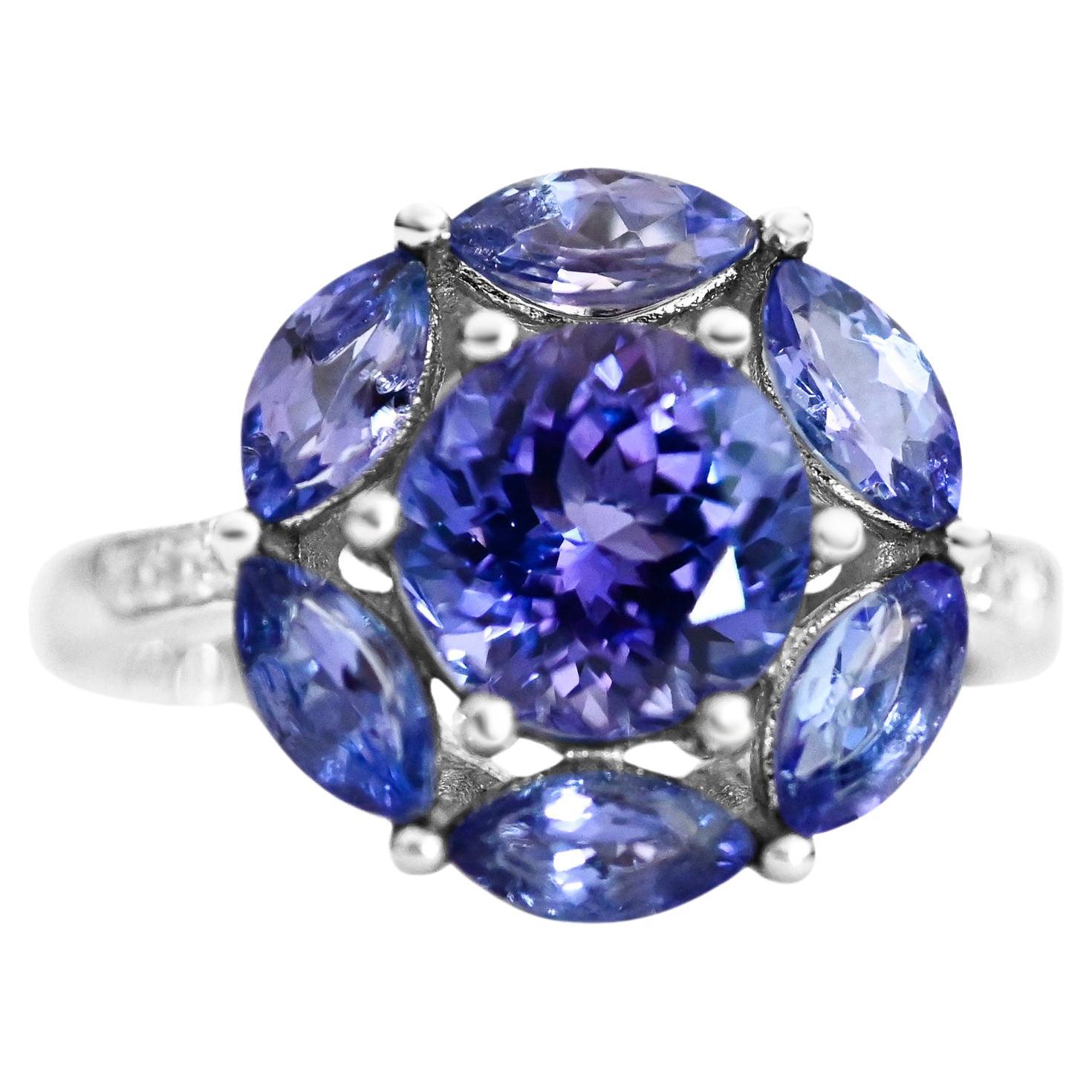 2.33 Ct Tanzanite Ring 925 Sterling Silver Rhodium Plated Wedding Ring  For Sale