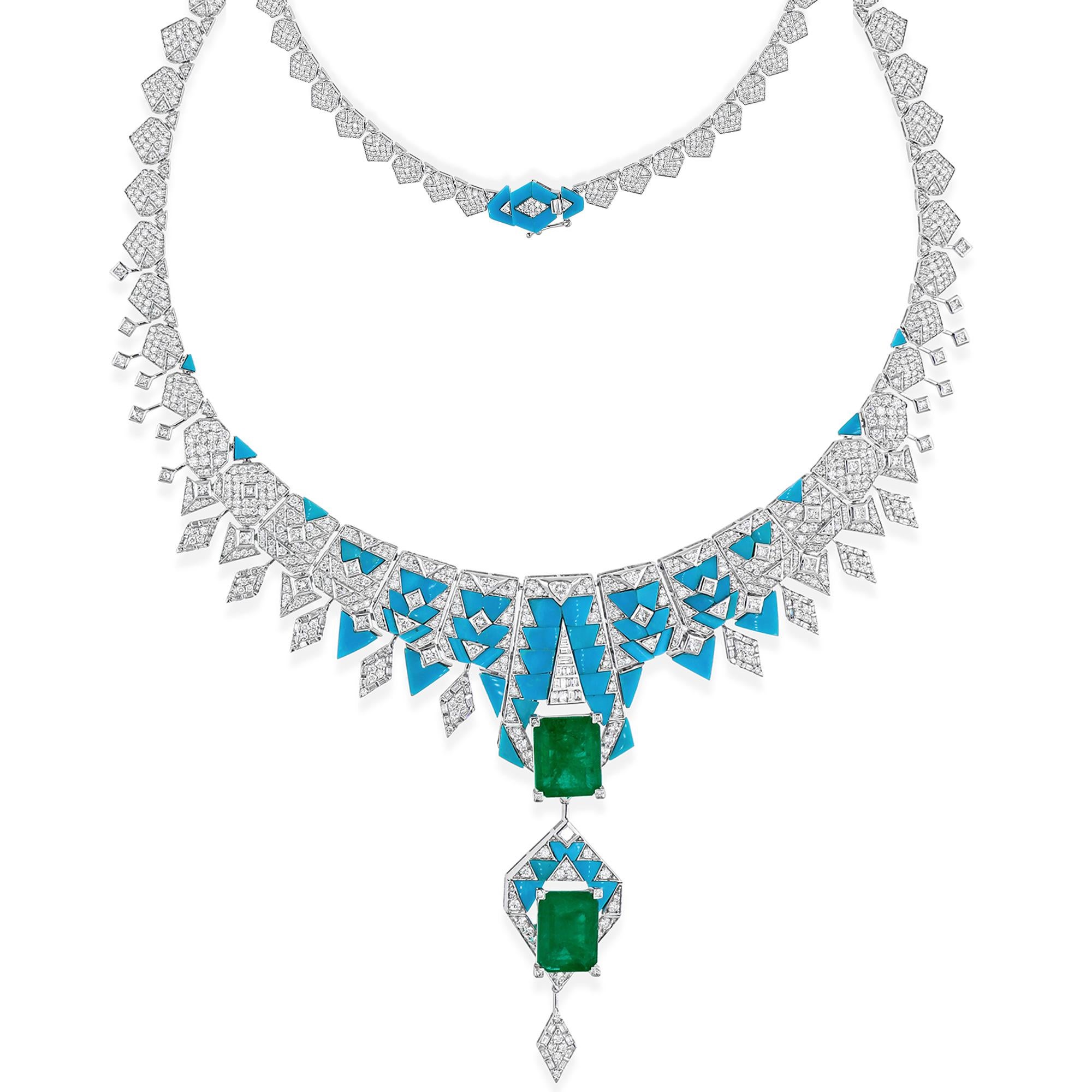 Modern 23.30 Carat Emerald Turquoise Pendant 11.65 Ct Diamond Necklace 14k White Gold For Sale