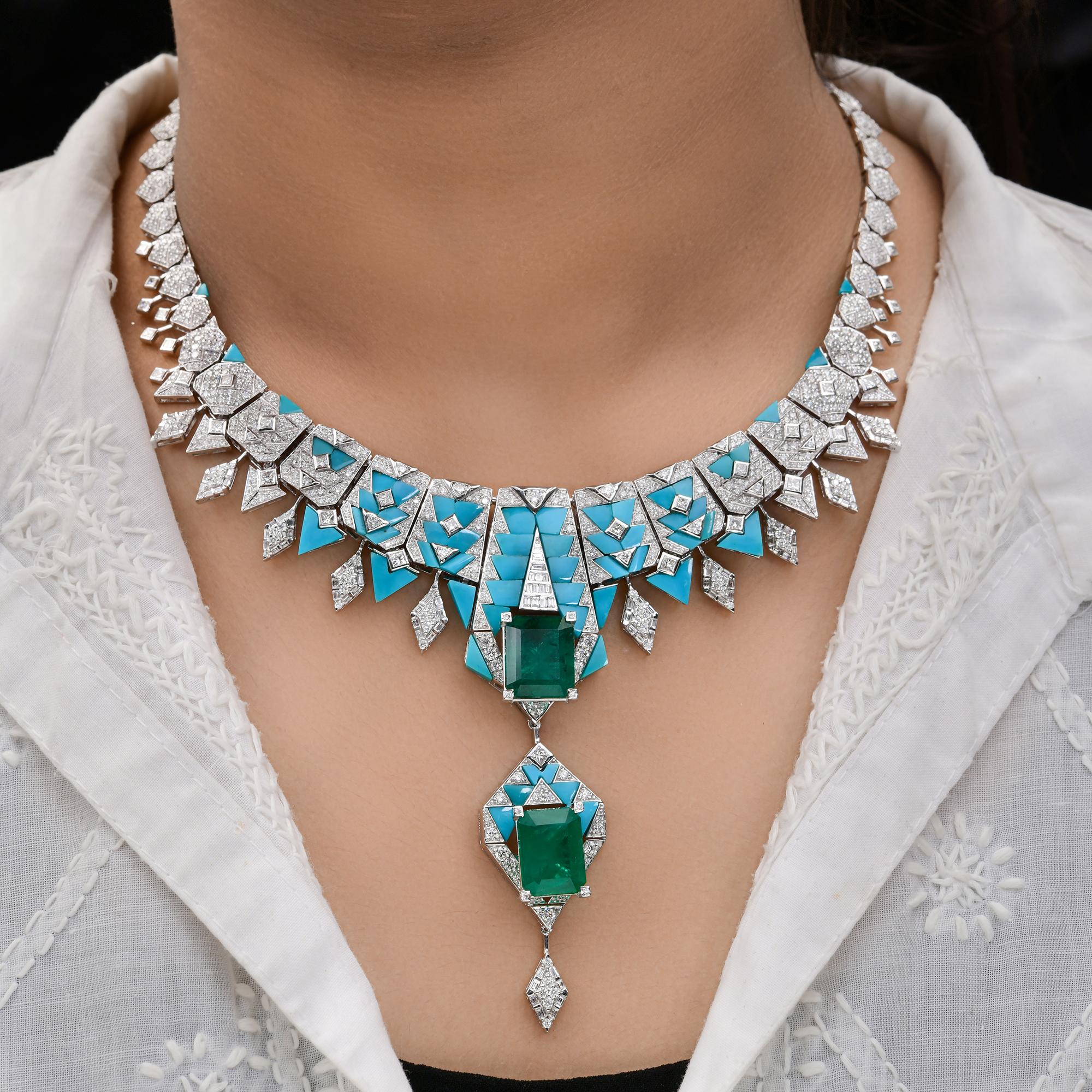 Emerald Cut 23.30 Carat Emerald Turquoise Pendant 11.65 Ct Diamond Necklace 14k White Gold For Sale