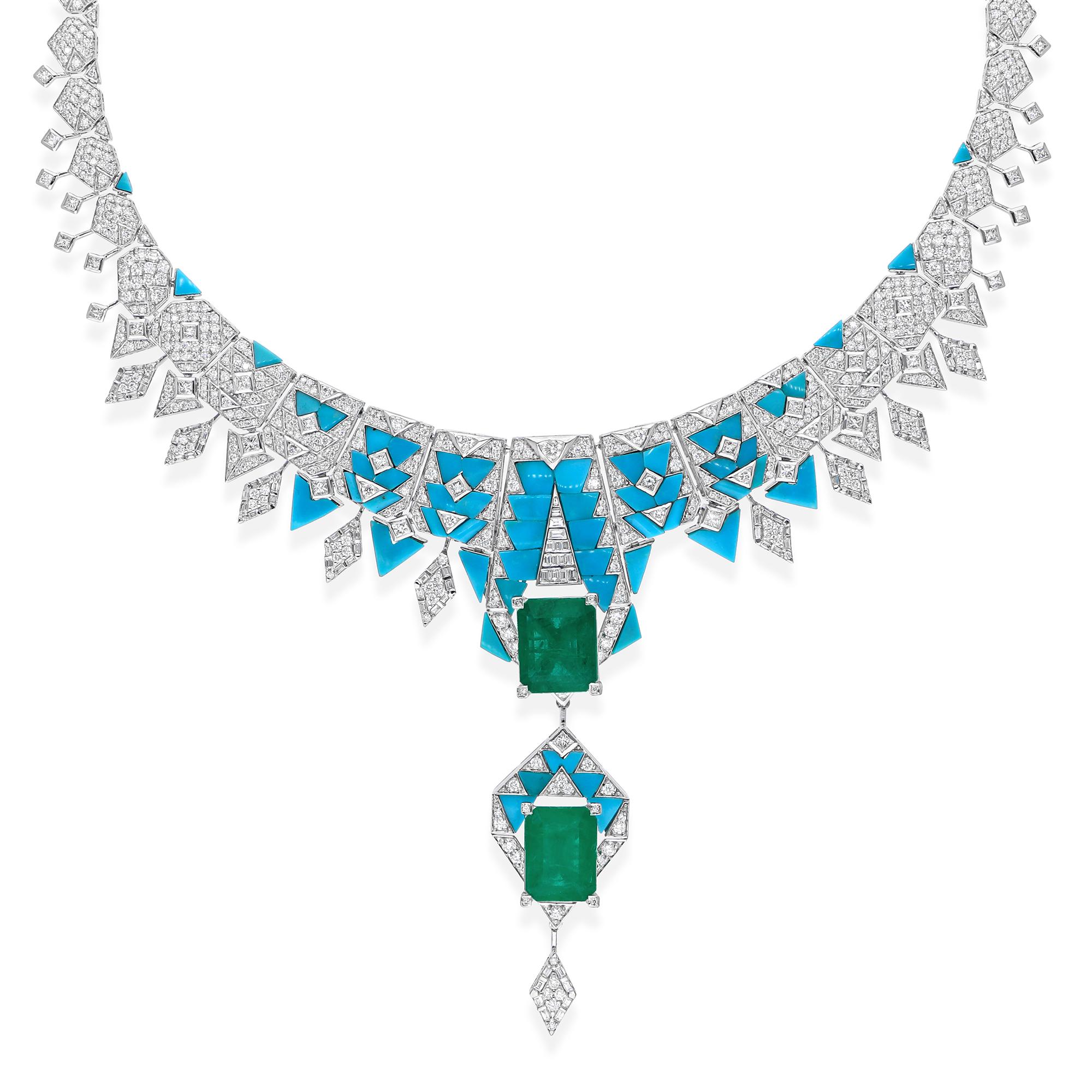23.30 Carat Emerald Turquoise Pendant 11.65 Ct Diamond Necklace 14k White Gold In New Condition For Sale In Diera, Dubai