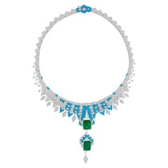 23.30 Carat Emerald Turquoise Pendant 11.65 Ct Diamond Necklace 14k White Gold