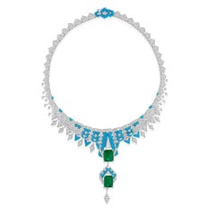 Colgante Turquesa Esmeralda 23,30 Quilates Collar de Diamantes 11,65 Quilates Oro Blanco 14k