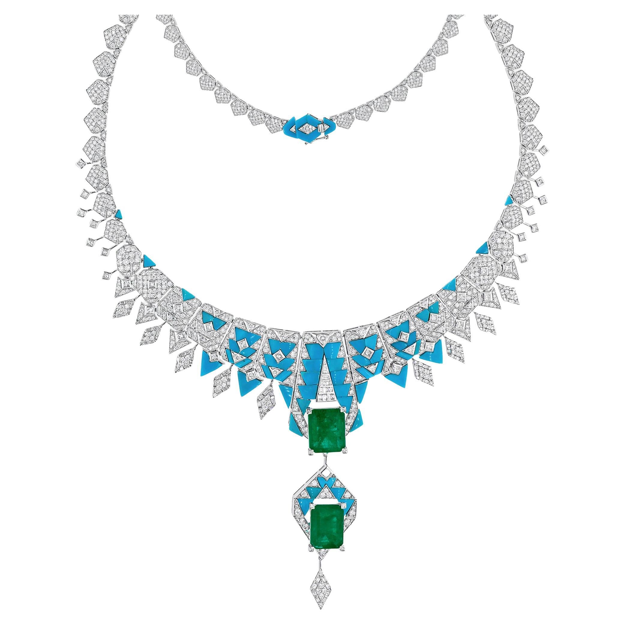 23.30 Carat Emerald Turquoise Pendant 11.65 Ct Diamond Necklace 18k White Gold