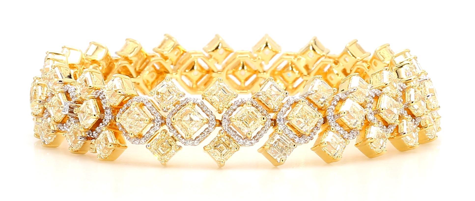 Round Cut 23.30 Carat Fancy Yellow Diamond Bracelet 18K White Gold For Sale