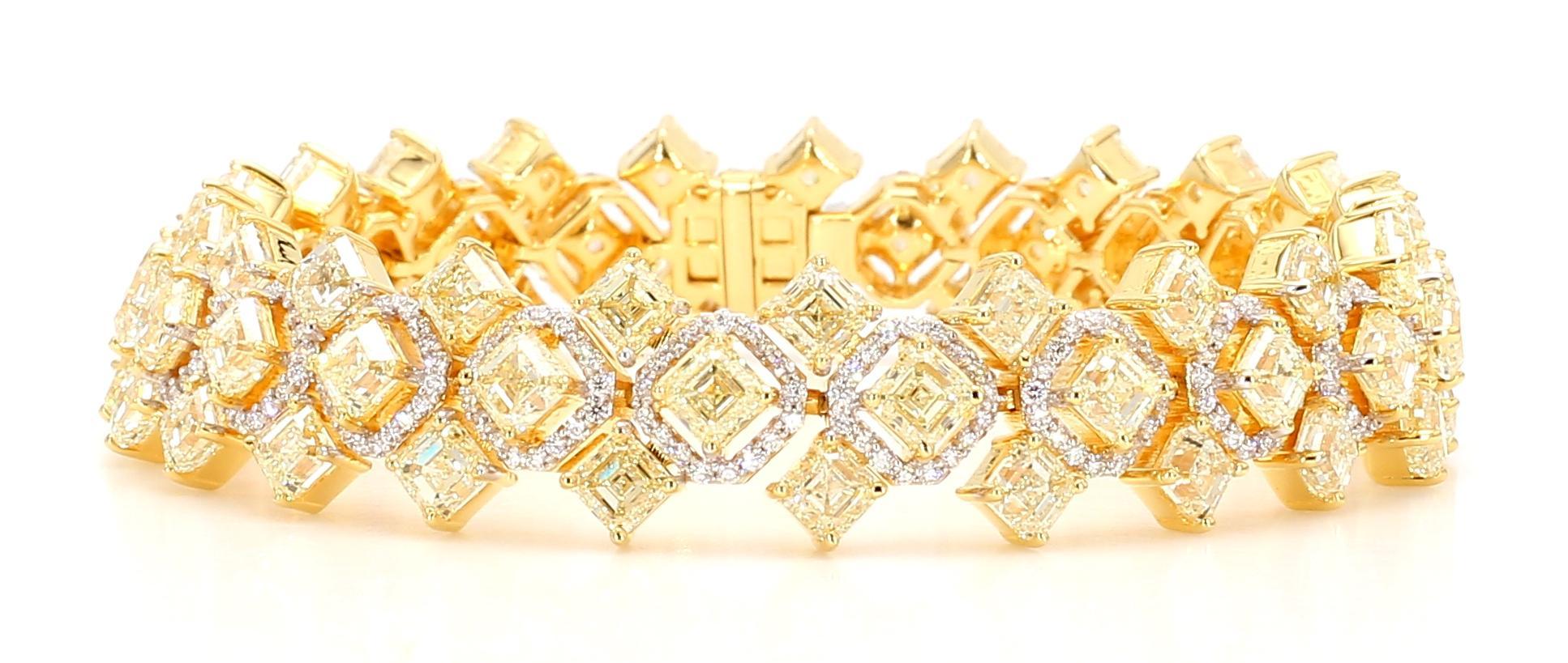 Round Cut 23.30 Carat Fancy Yellow Diamond Bracelet 18K White Gold