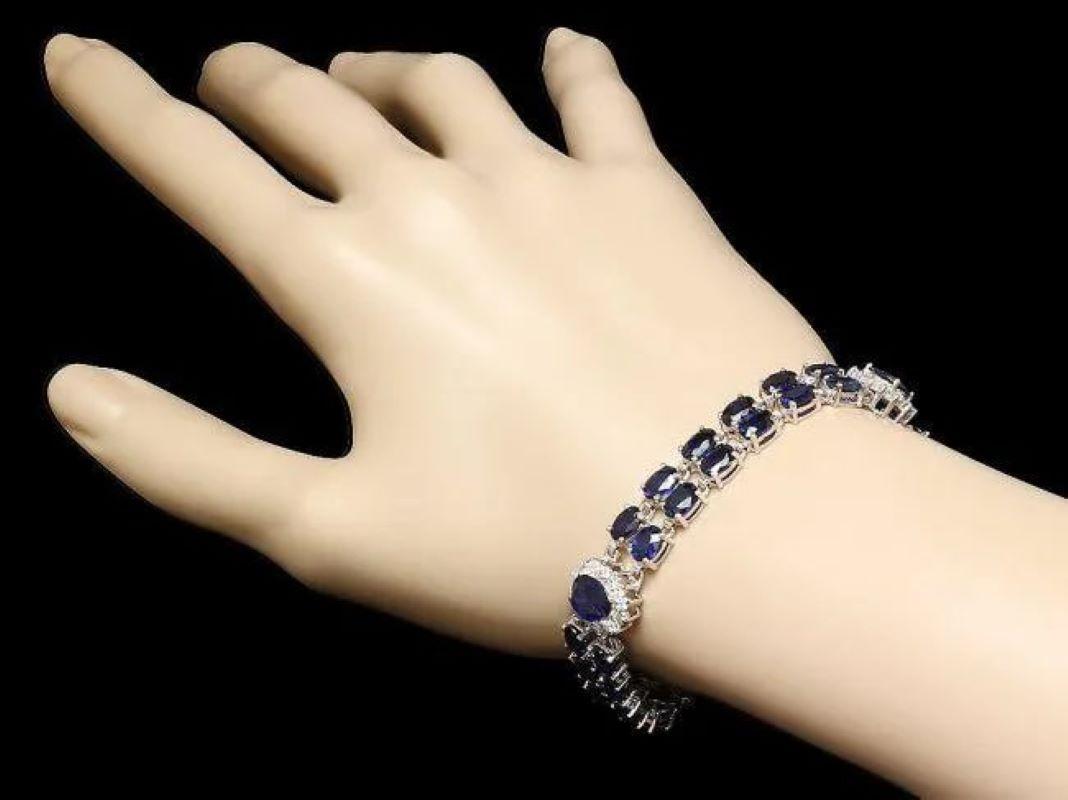 Mixed Cut 23.30 Natural Blue Sapphire and Diamond 14K Solid White Gold Bracelet For Sale