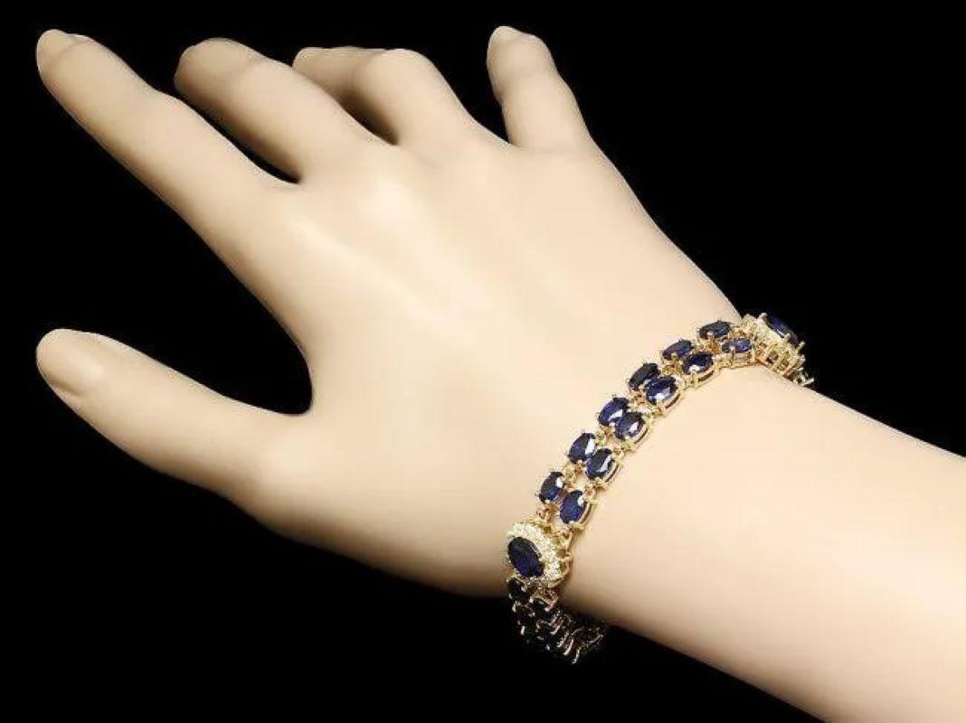 Mixed Cut 23.30 Natural Blue Sapphire and Diamond 14K Solid Yellow Gold Bracelet For Sale