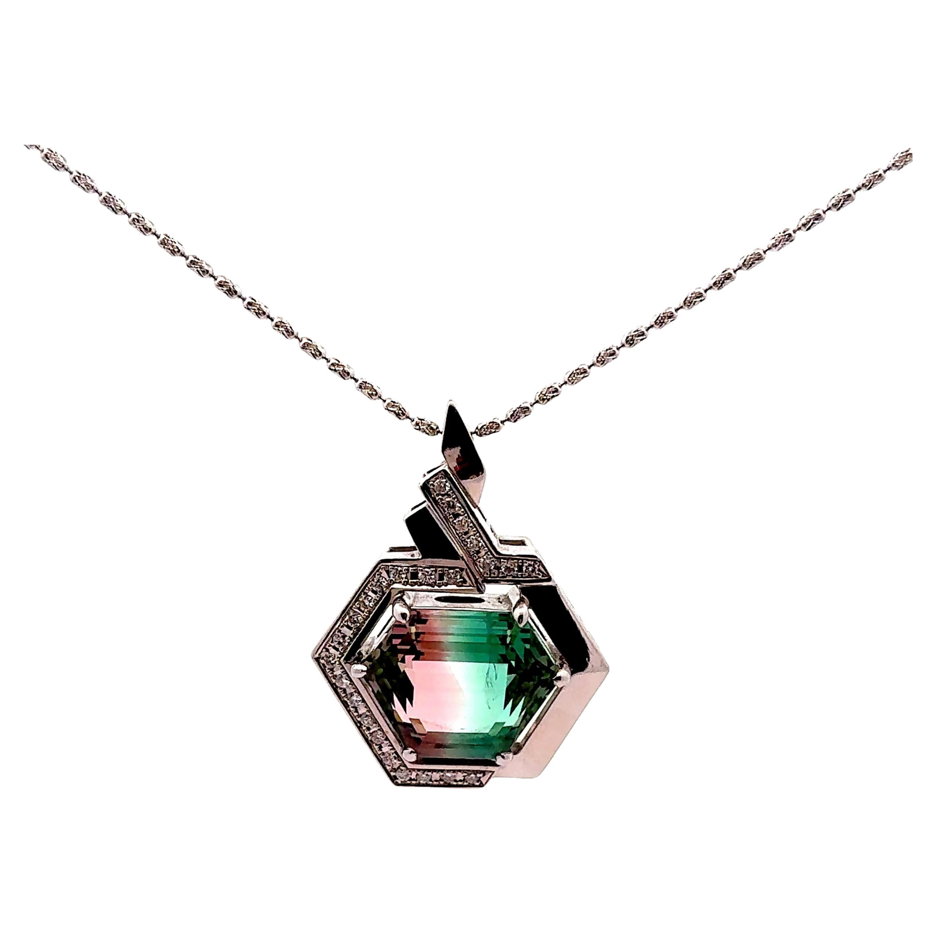 23.32 Carat Bi-color Tourmaline Diamond Platinum Hexagon Pendant