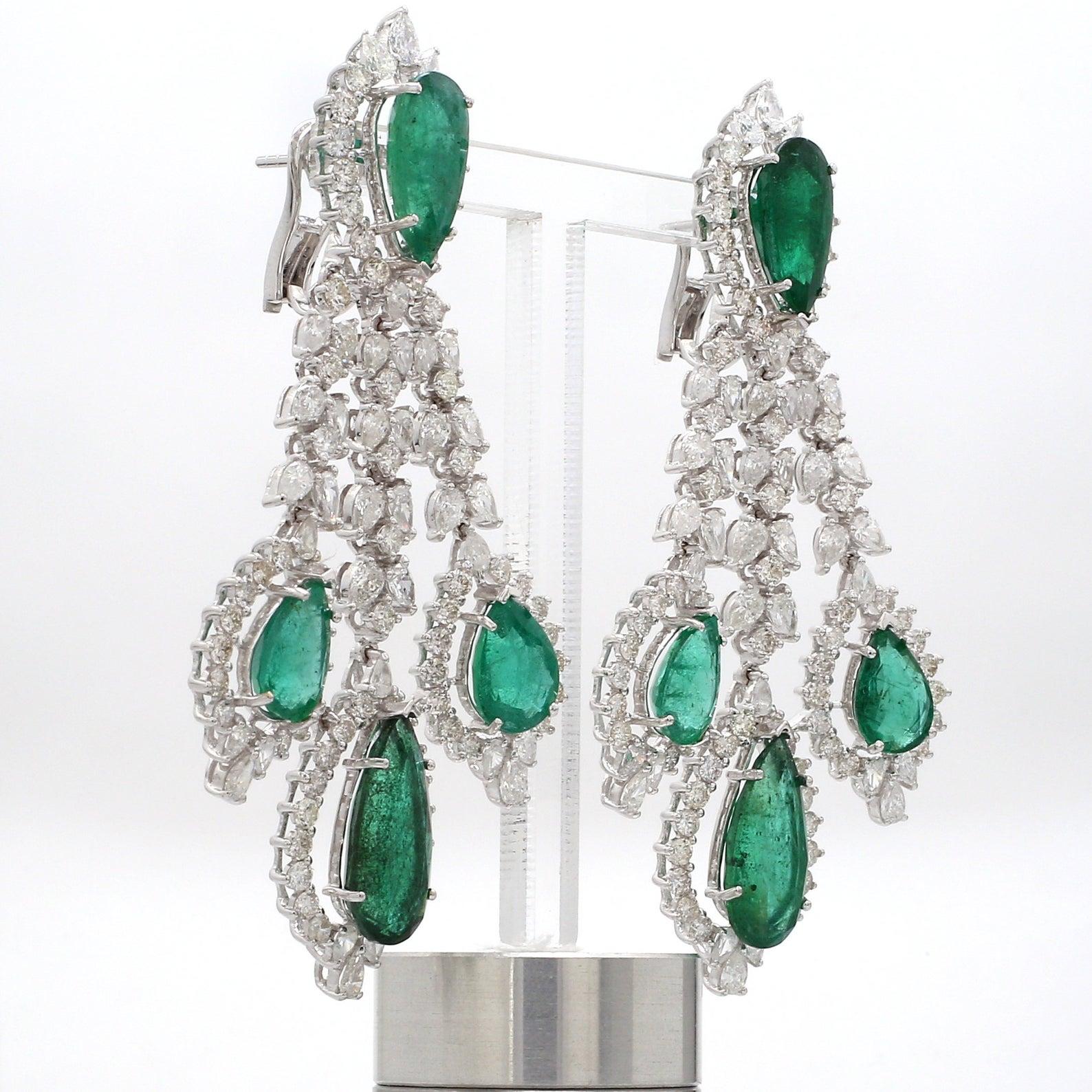 Modern 23.32 Carat Emerald Diamond 14 Karat Gold Chandelier Earrings For Sale