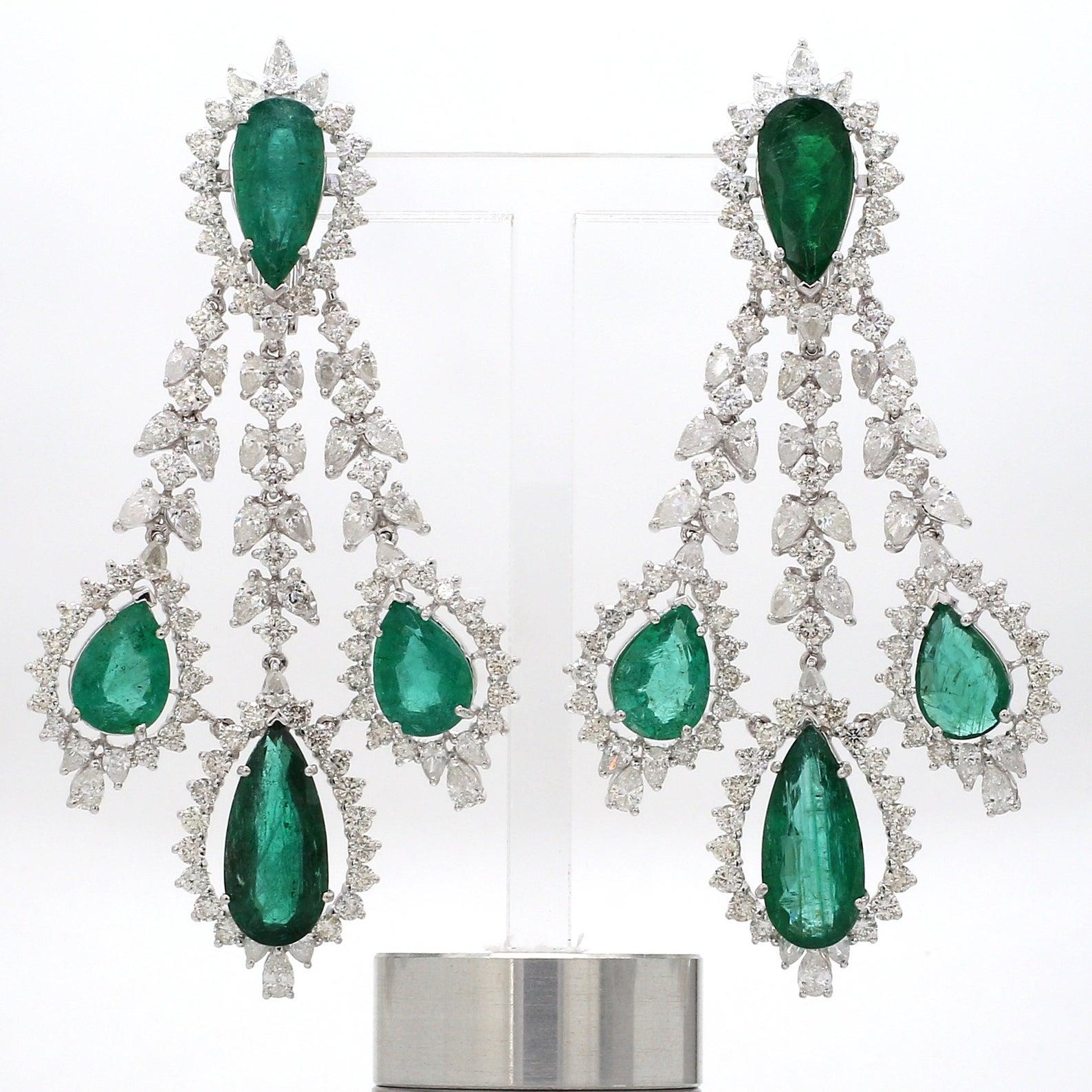 Mixed Cut 23.32 Carat Emerald Diamond 14 Karat Gold Chandelier Earrings For Sale