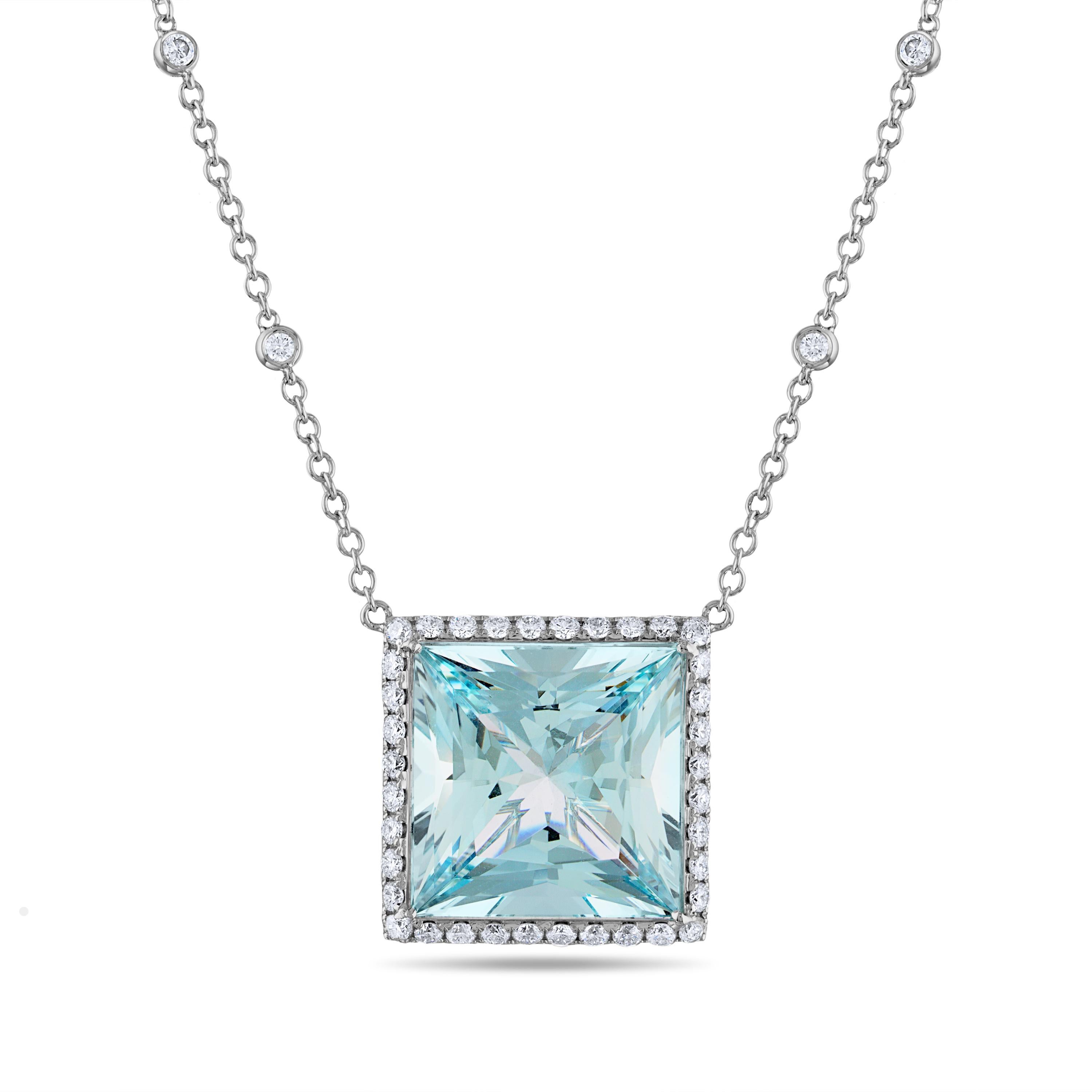 23.36 Carat Natural Princess-Cut Aquamarine and White Diamond Pendant Necklace:

A beautiful pendant necklace, it features a princess-cut natural aquamarine weighing 23.36 carat surrounded by white round-brilliant cut diamonds, which are also