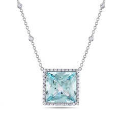 23.36 Carat Natural Princess-Cut Aquamarine and White Diamond Pendant Necklace