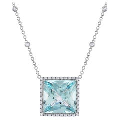 23.36 Carat Natural Princess-Cut Aquamarine and White Diamond Pendant Necklace