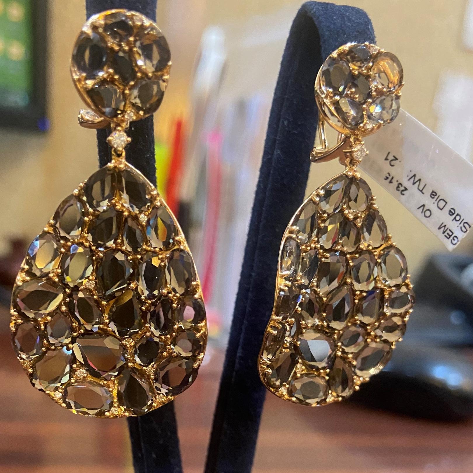 Modern 23.36ct Brown Quartz & Round Diamond Earrings in 18KT Rose Gold For Sale
