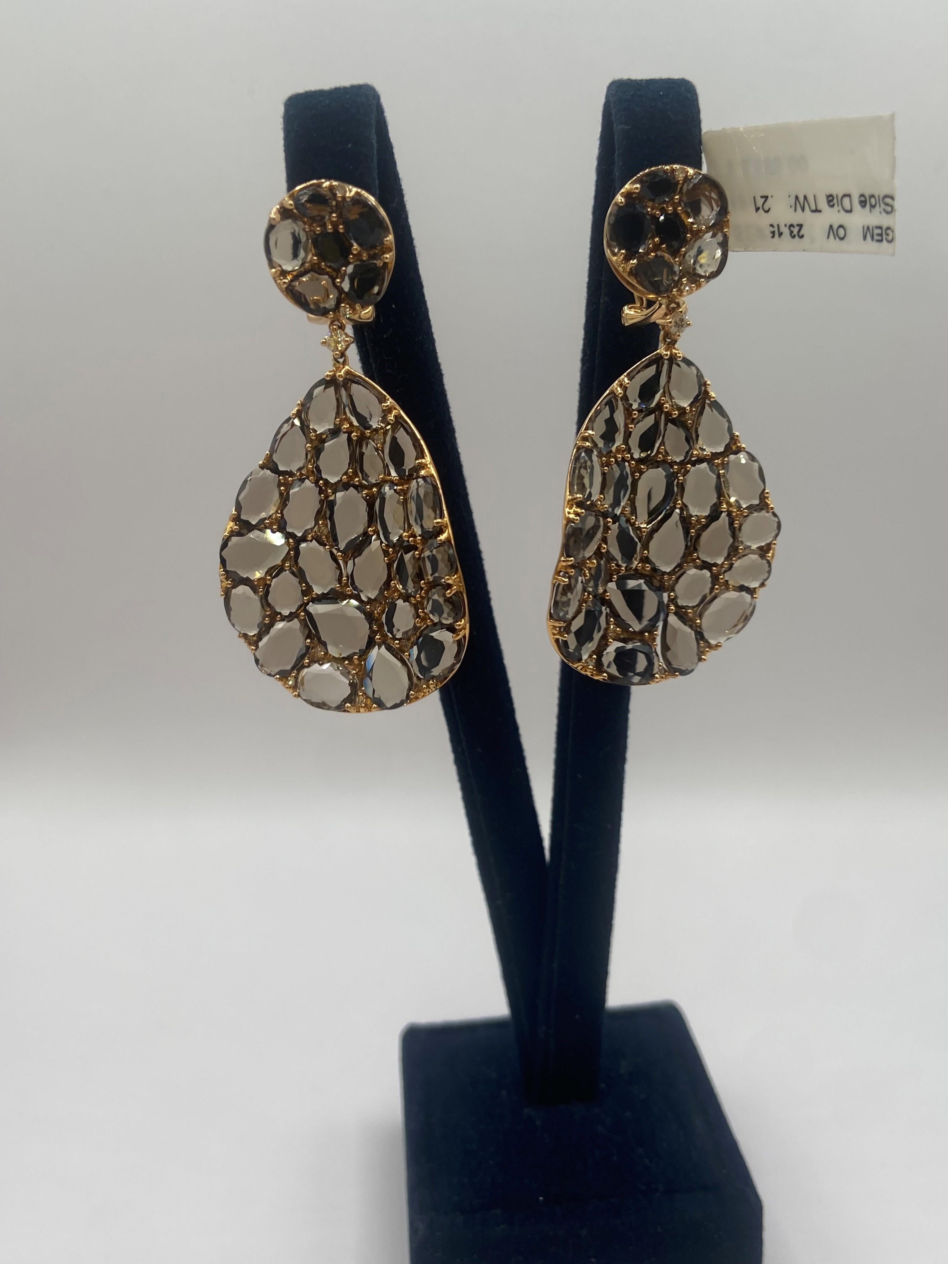 Boucles d'oreilles en or rose 18KT avec quartz brun et diamants ronds de 23,36ct en vente 1