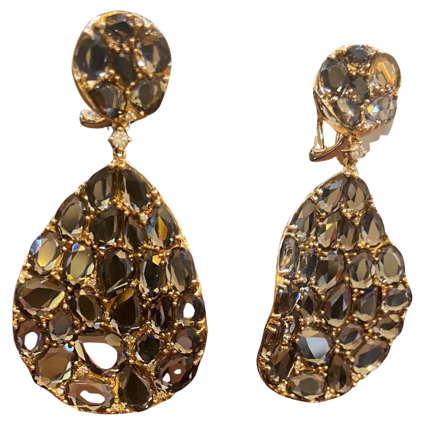 Boucles d'oreilles en or rose 18KT avec quartz brun et diamants ronds de 23,36ct en vente