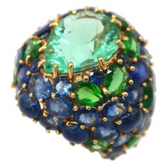 23.37 Total Carat Fluorite Sapphire Tsavorite Cluster Dome Cocktail Gold Ring