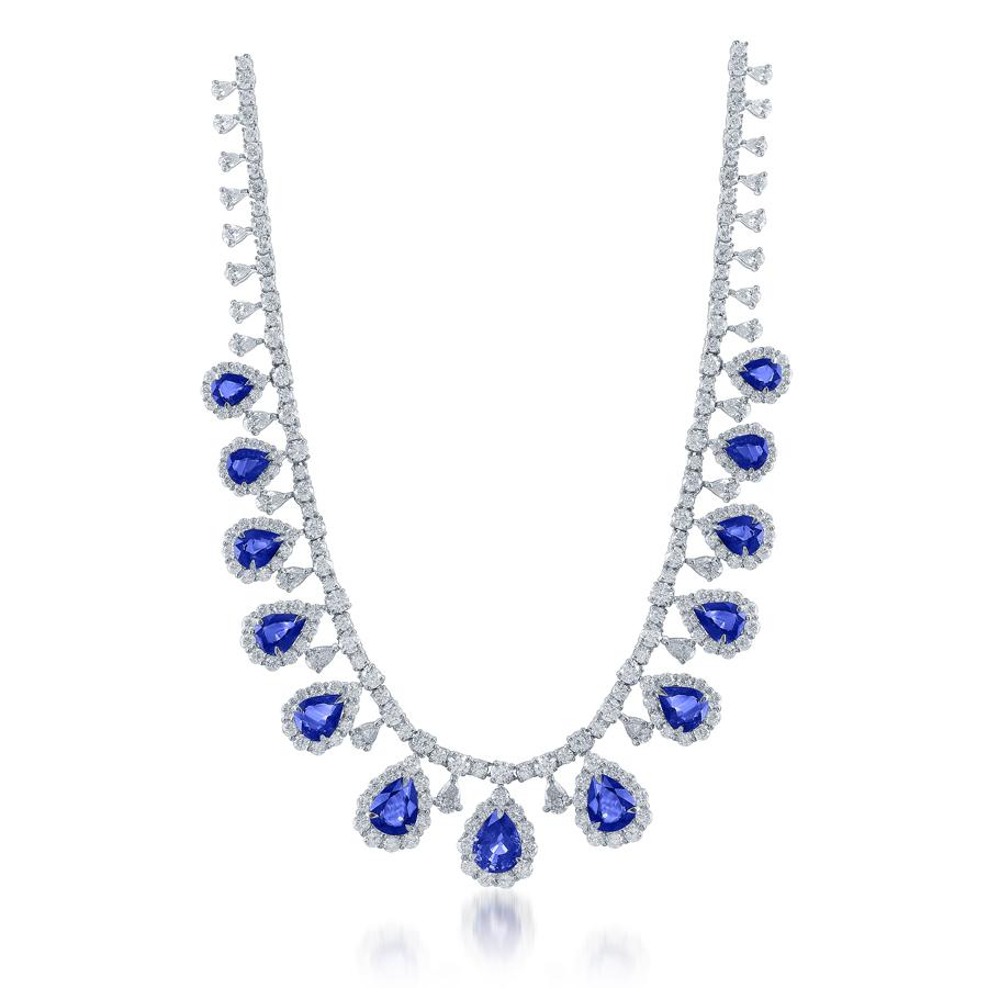 Contemporaneo Collana di zaffiri e diamanti a forma di pera da 23,38 carati in platino in vendita