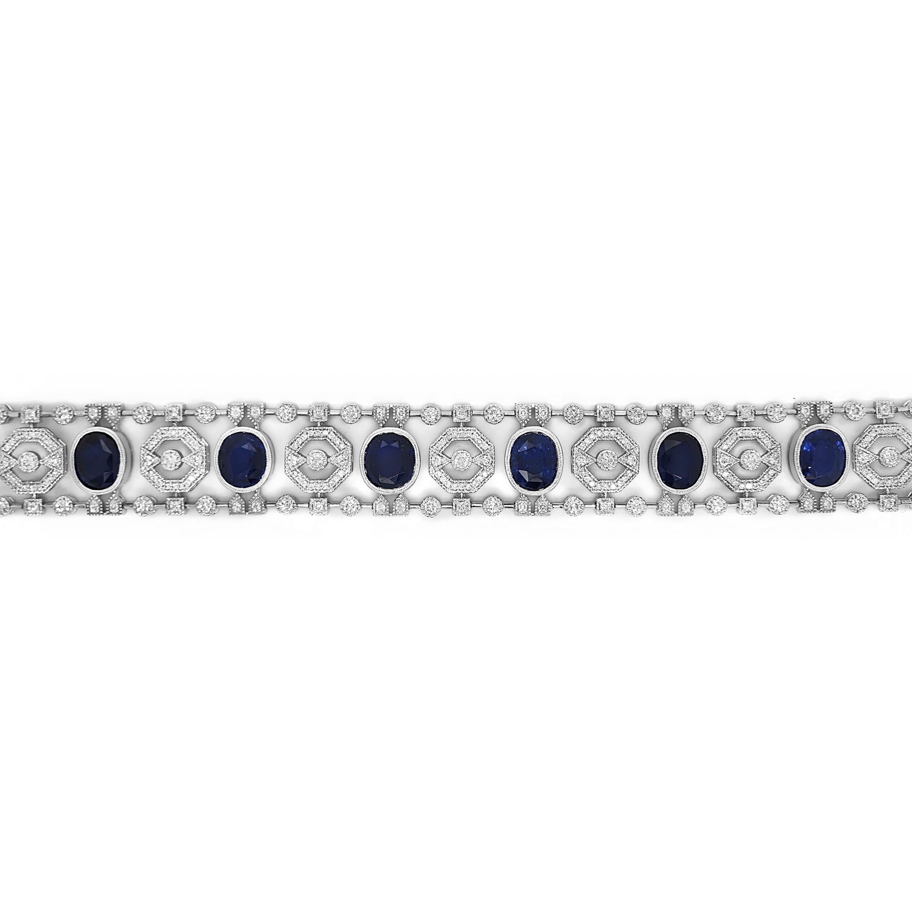 8 Sapphire Gemstone: 20.43 Carats
244 White Diamonds: 2.95 Carats
Metal: 18K White Gold, 38.40 Grams
