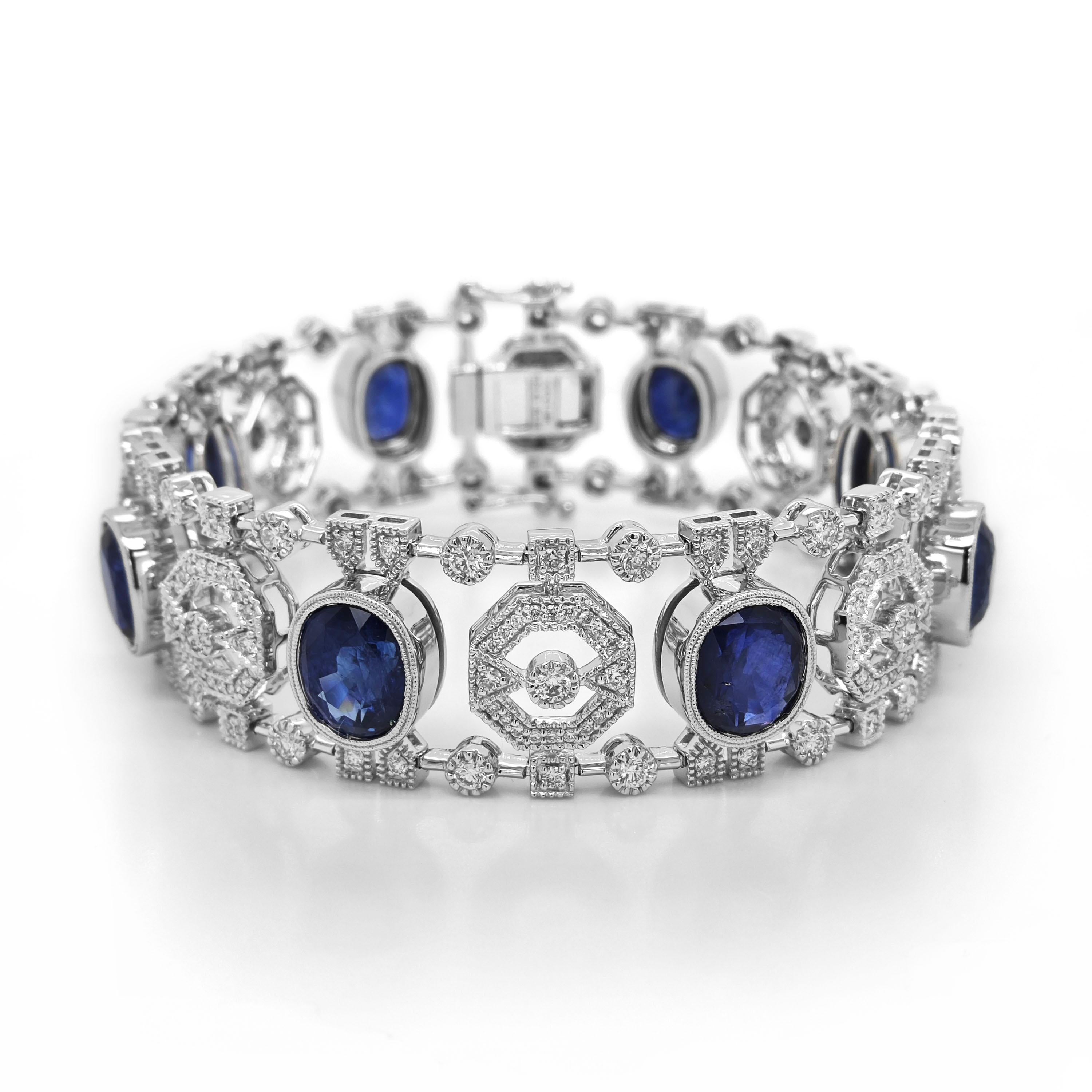 Mixed Cut 23.38 Carat Sapphire and White Diamond White Gold Bracelet For Sale