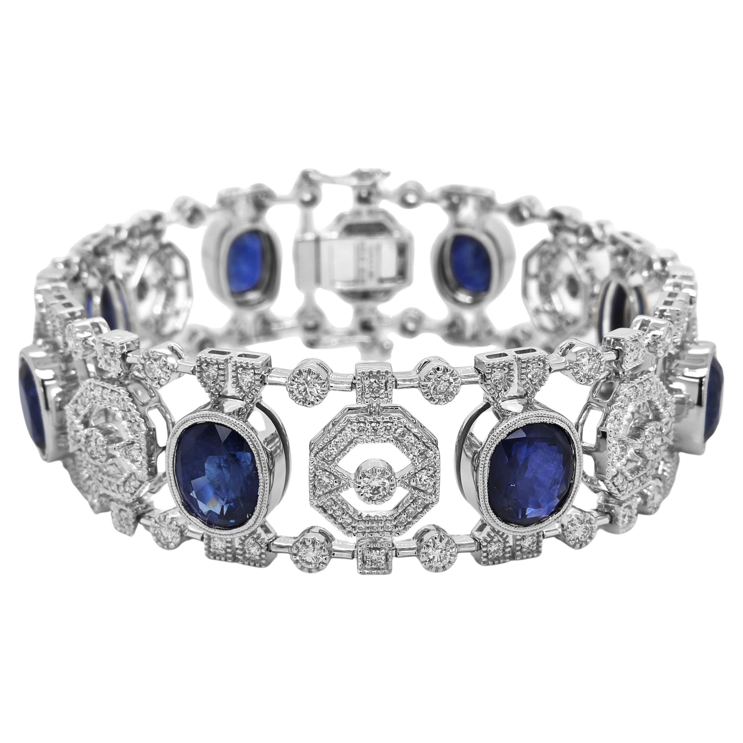 23.38 Carat Sapphire and White Diamond White Gold Bracelet For Sale
