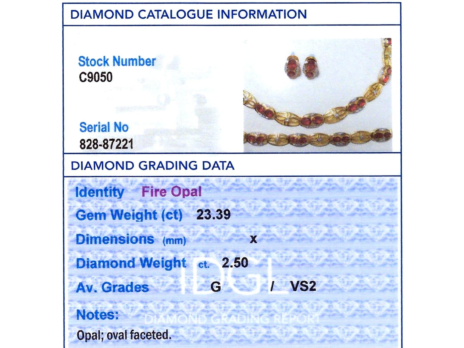 23.39 Carat Fire Opal 2.50 Carat Diamond 18k Yellow Gold Jewellery Set For Sale 12