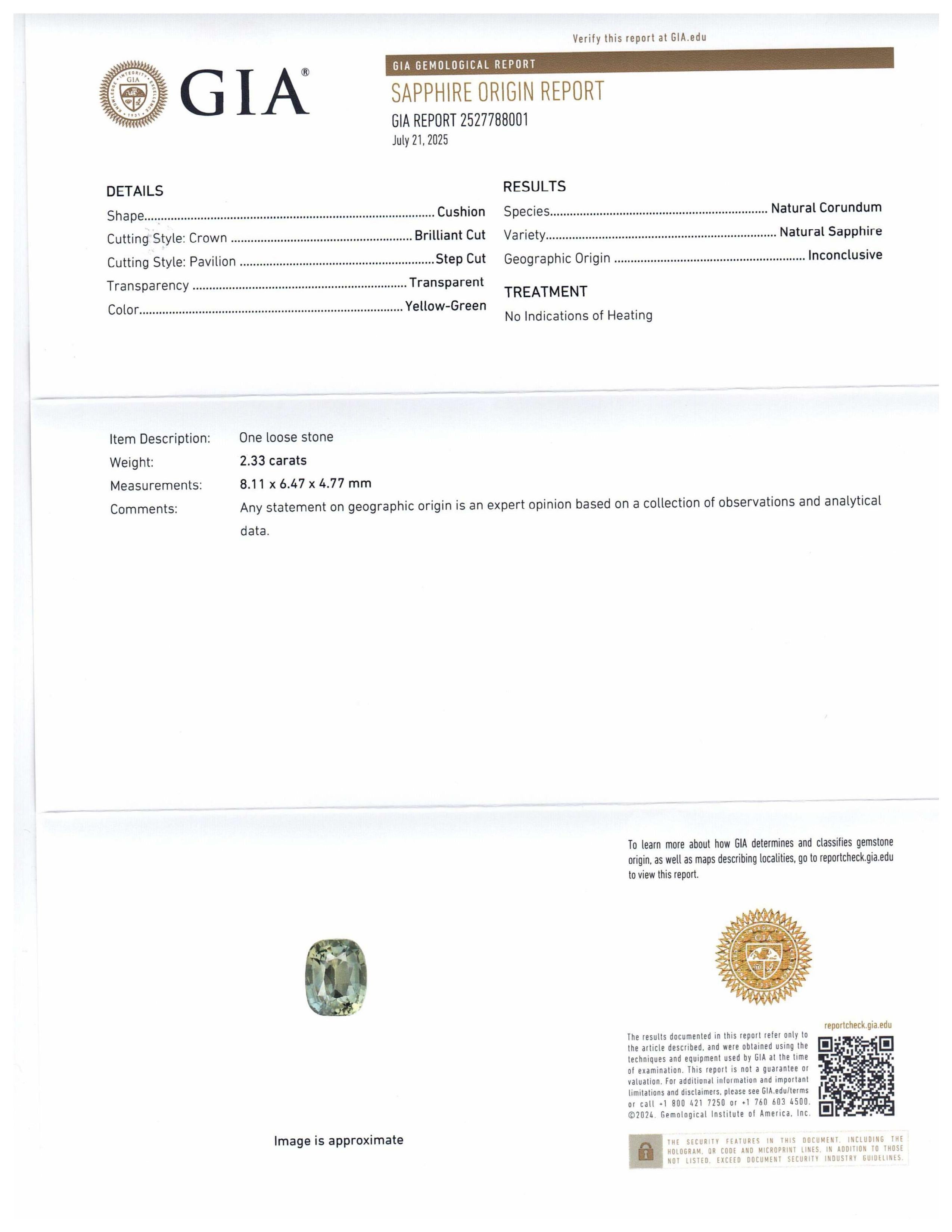 This is a stunning GIA Certified Sapphire 


The GIA report reads as follows:

GIA Report Number: 2527788001
Shape: Cushion
Cutting Style: 
Cutting Style: Crown: Brilliant Cut
Cutting Style: Pavilion: Step Cut
Transparency: Transparent
Colour: