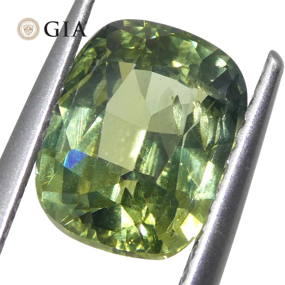 Brilliant Cut 2.33ct Cushion Yellow-Green Sapphire GIA Certified Unheated For Sale