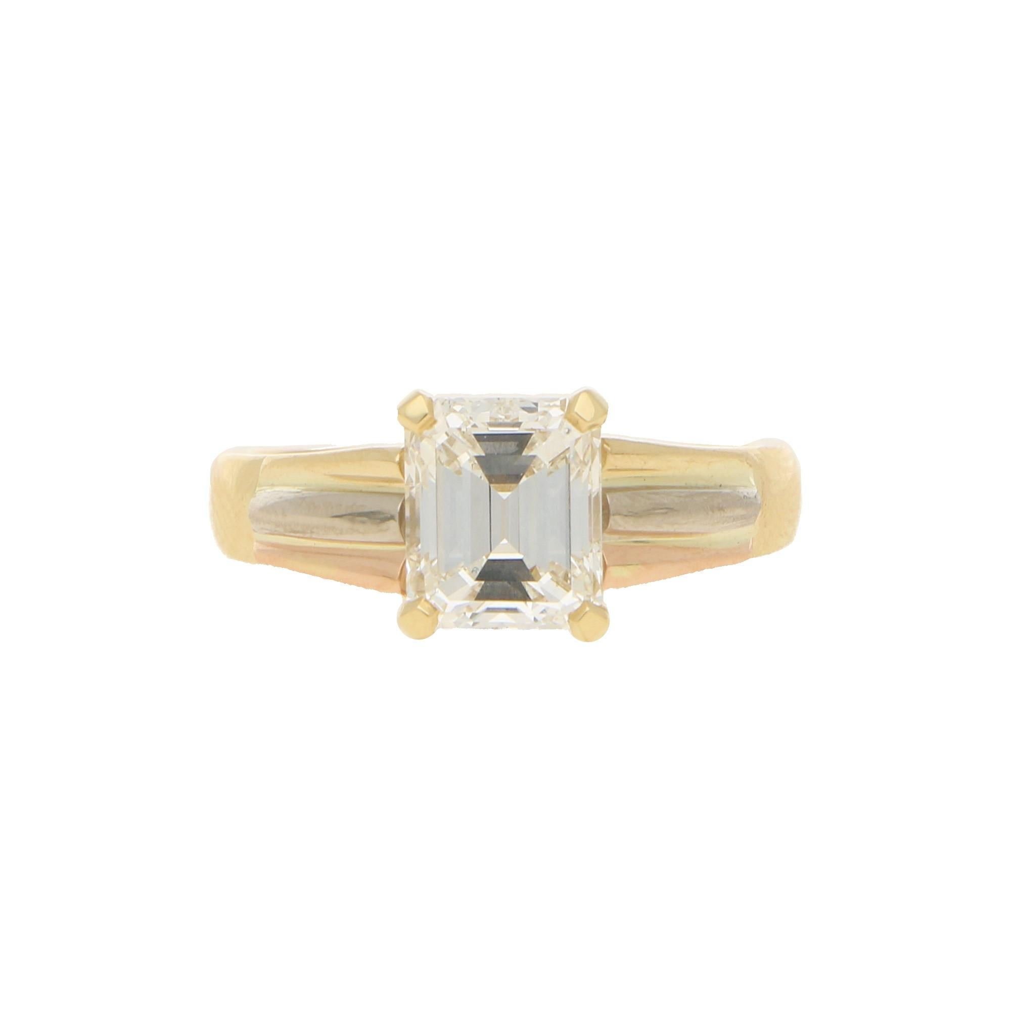 Art Deco GIA Certified Emerald Cut Diamond Engagement Ring in 18k Tricolor Gold