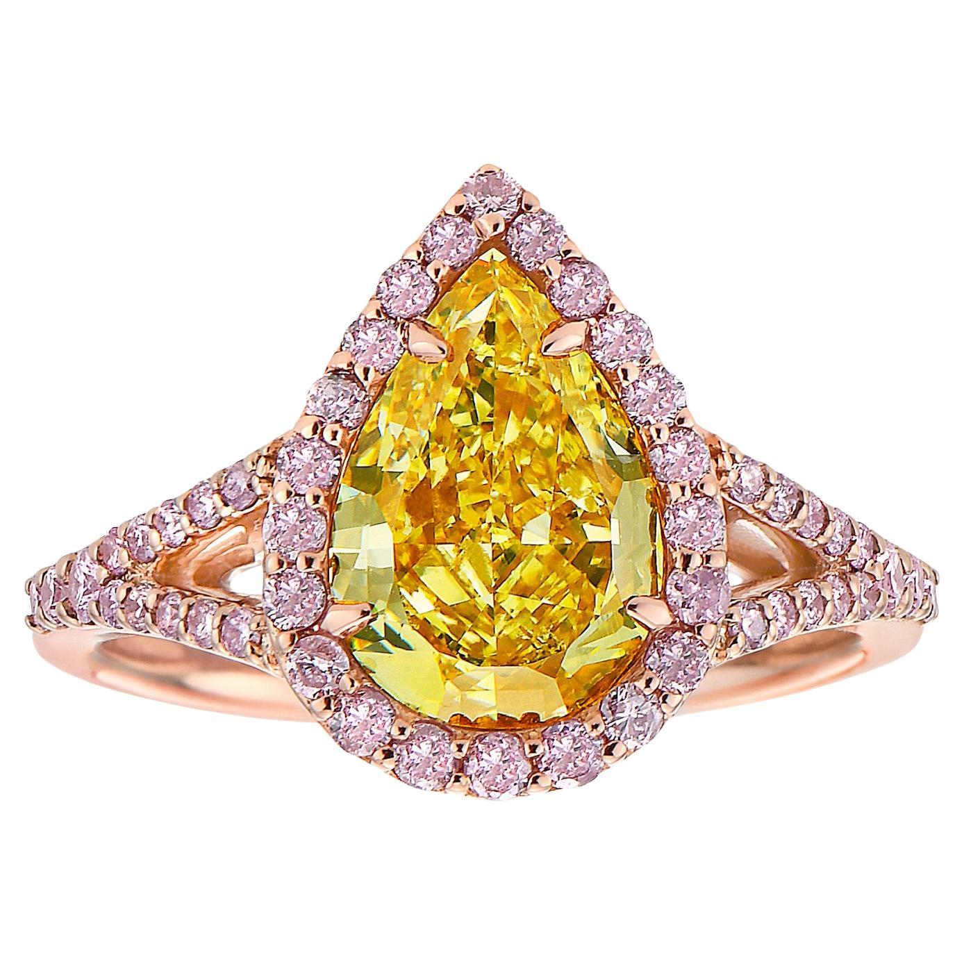 2.33ct Fancy Yellow Pear Pink Diamond Ring