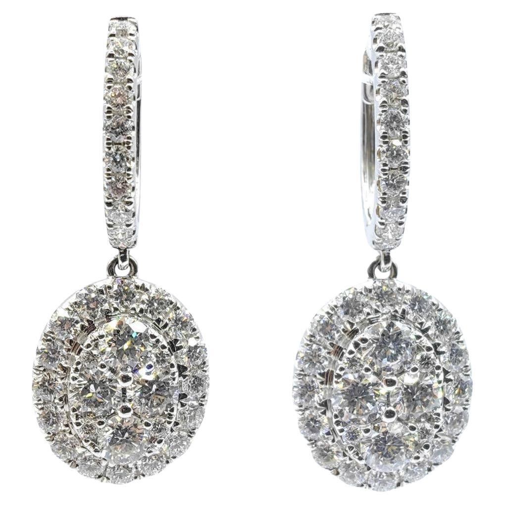 2.33ct Oval Cluster Illusion Halo Diamond Drop Earrings in 18K White Gold